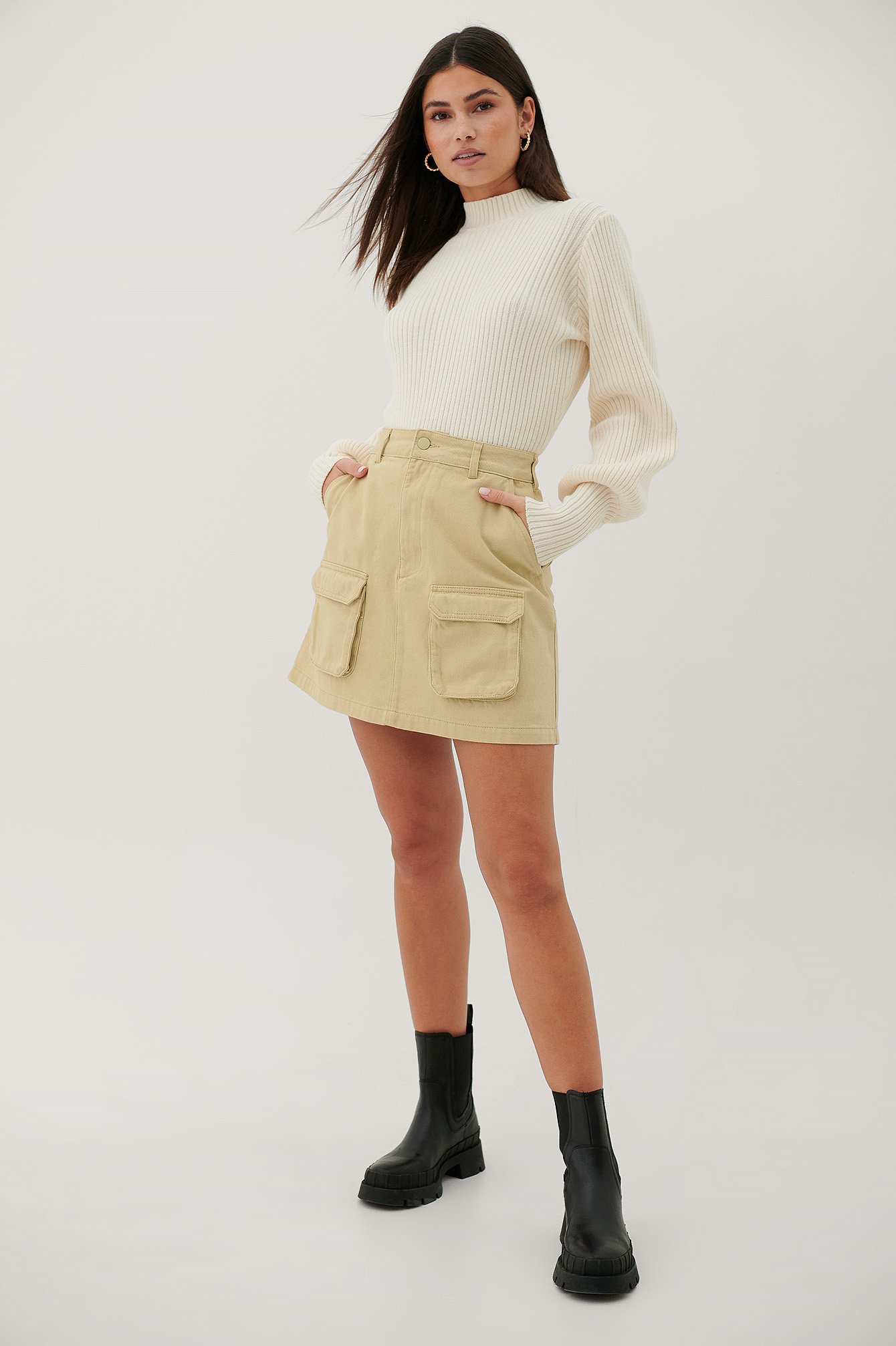 Beige Organic Denim Pocket Skirt