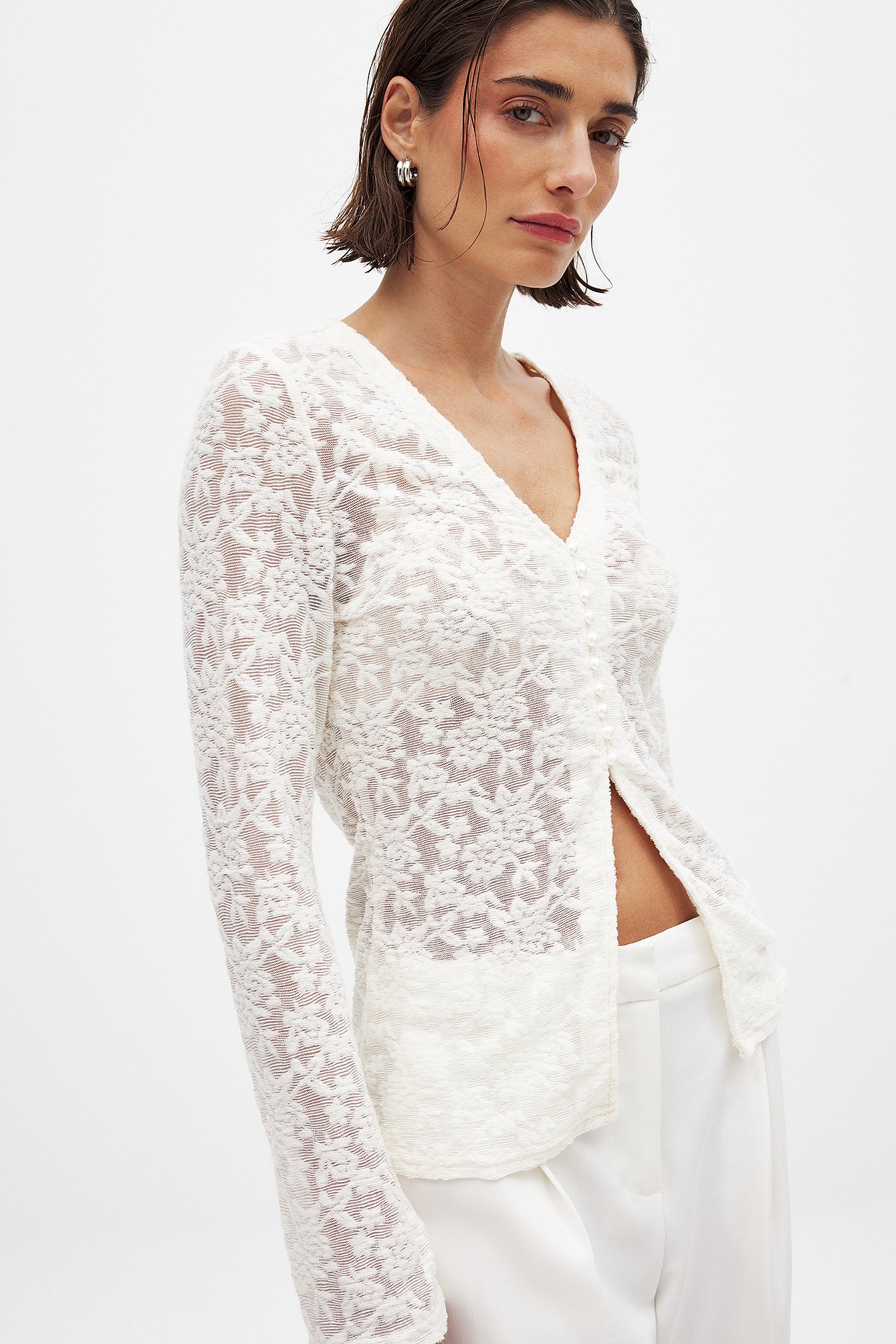 NA-KD Patterned Buttoned Top - Long Sleeve Tops - Offwhite - XS (EU 32) - NA-KD / NAKD