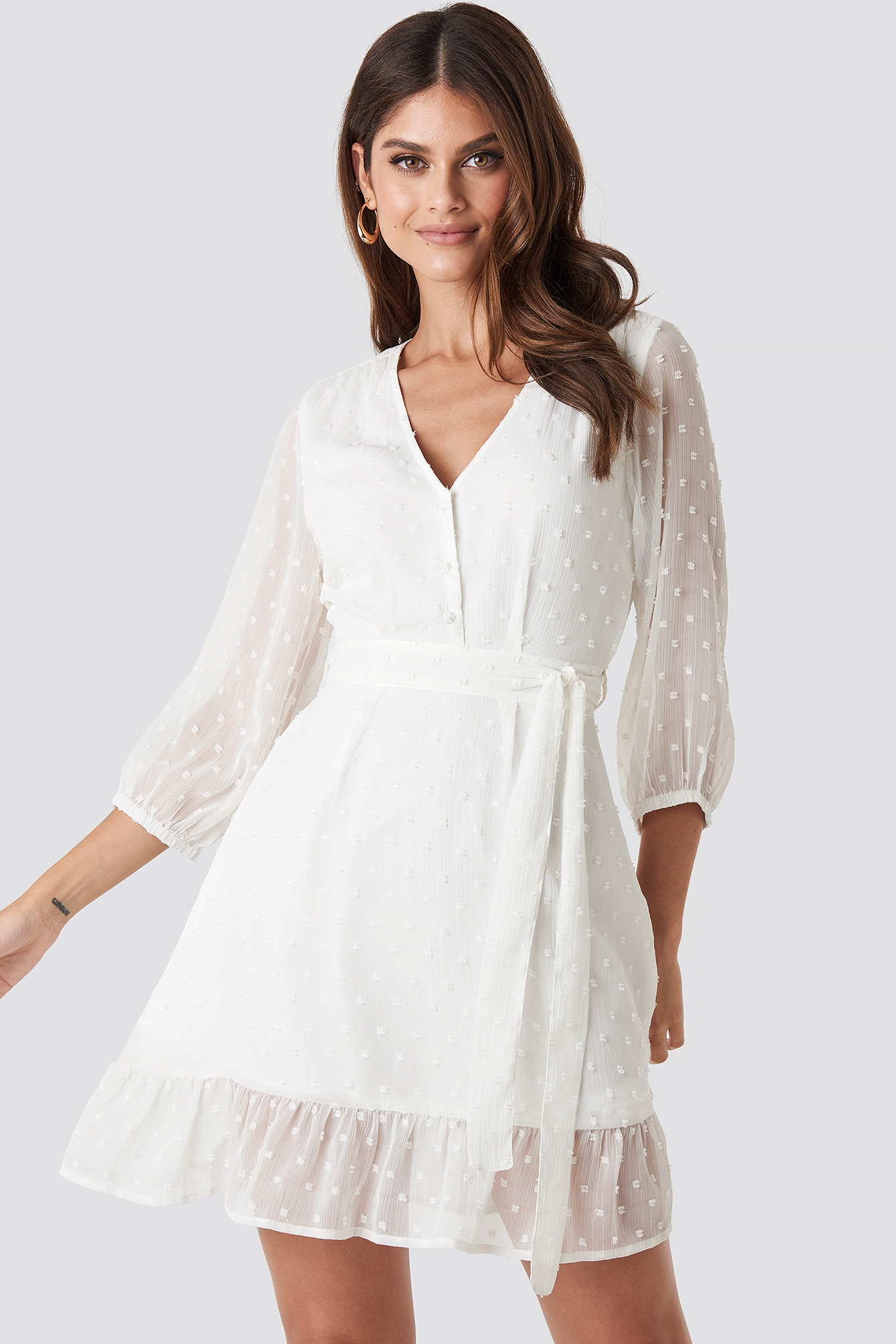 Balloon Sleeve Tied Waist Dress White