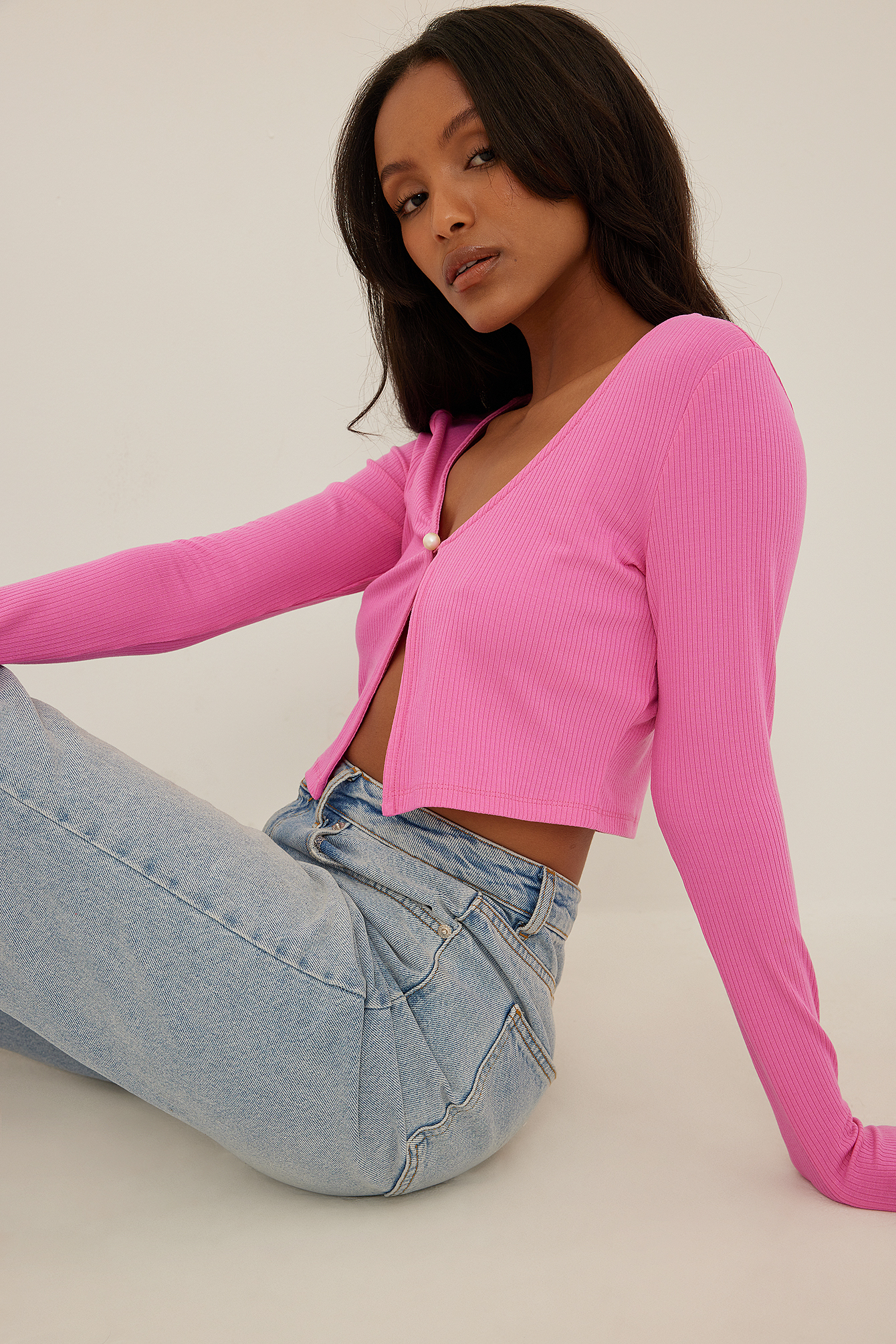 NA-KD Pearl Button Ribbed Top - Pink