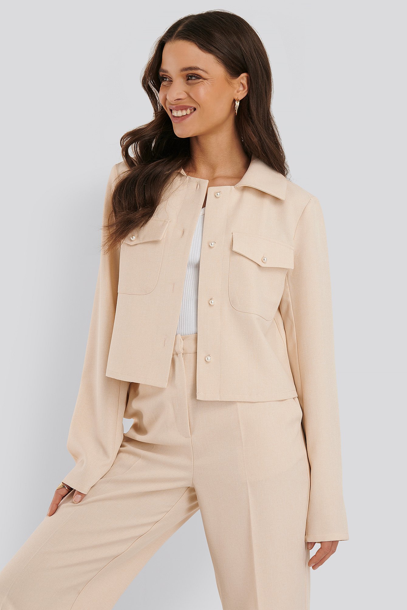Cream NA-KD Classic Pearl Buttoned Overshirt