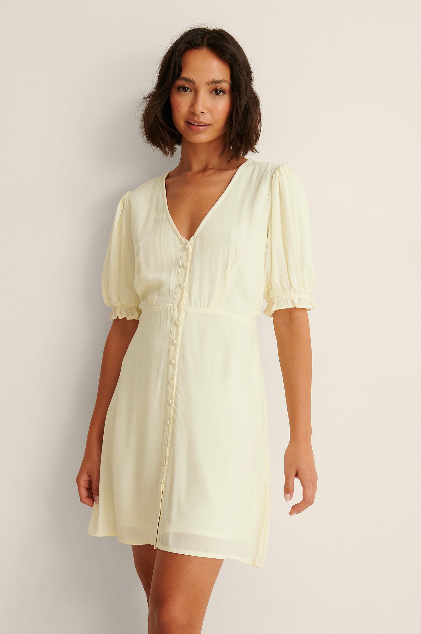 Pearl Buttoned Puff Sleeve Dress