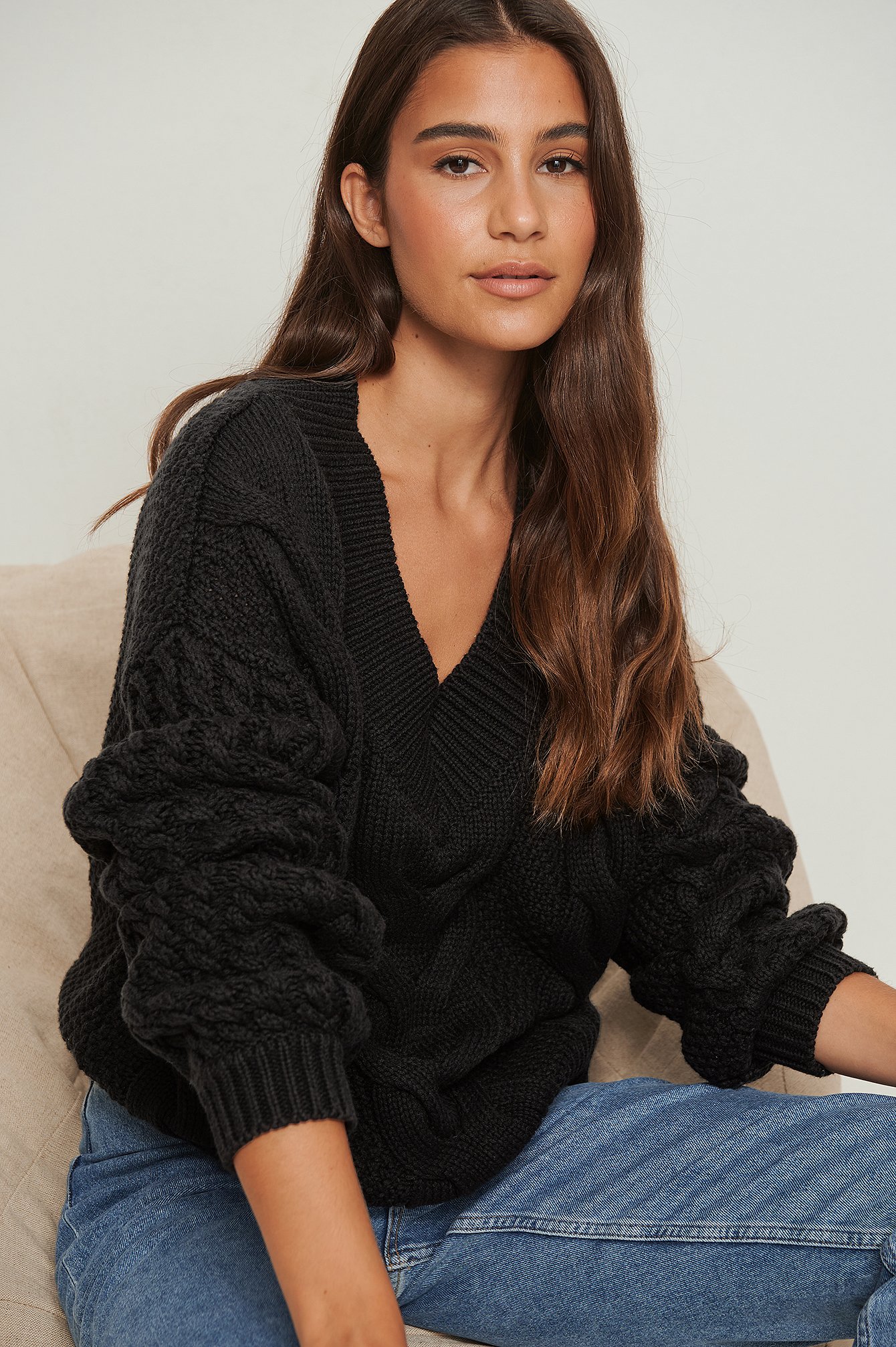 Black Heavy Cable Knit Sweater