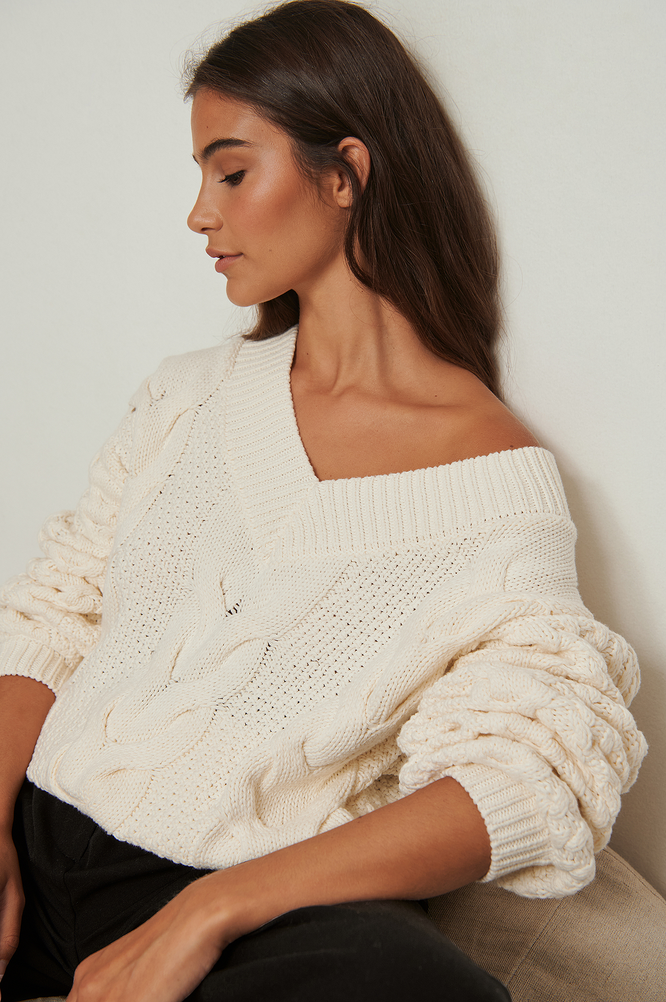 Heavy Cable Knit Sweater Offwhite NAKD