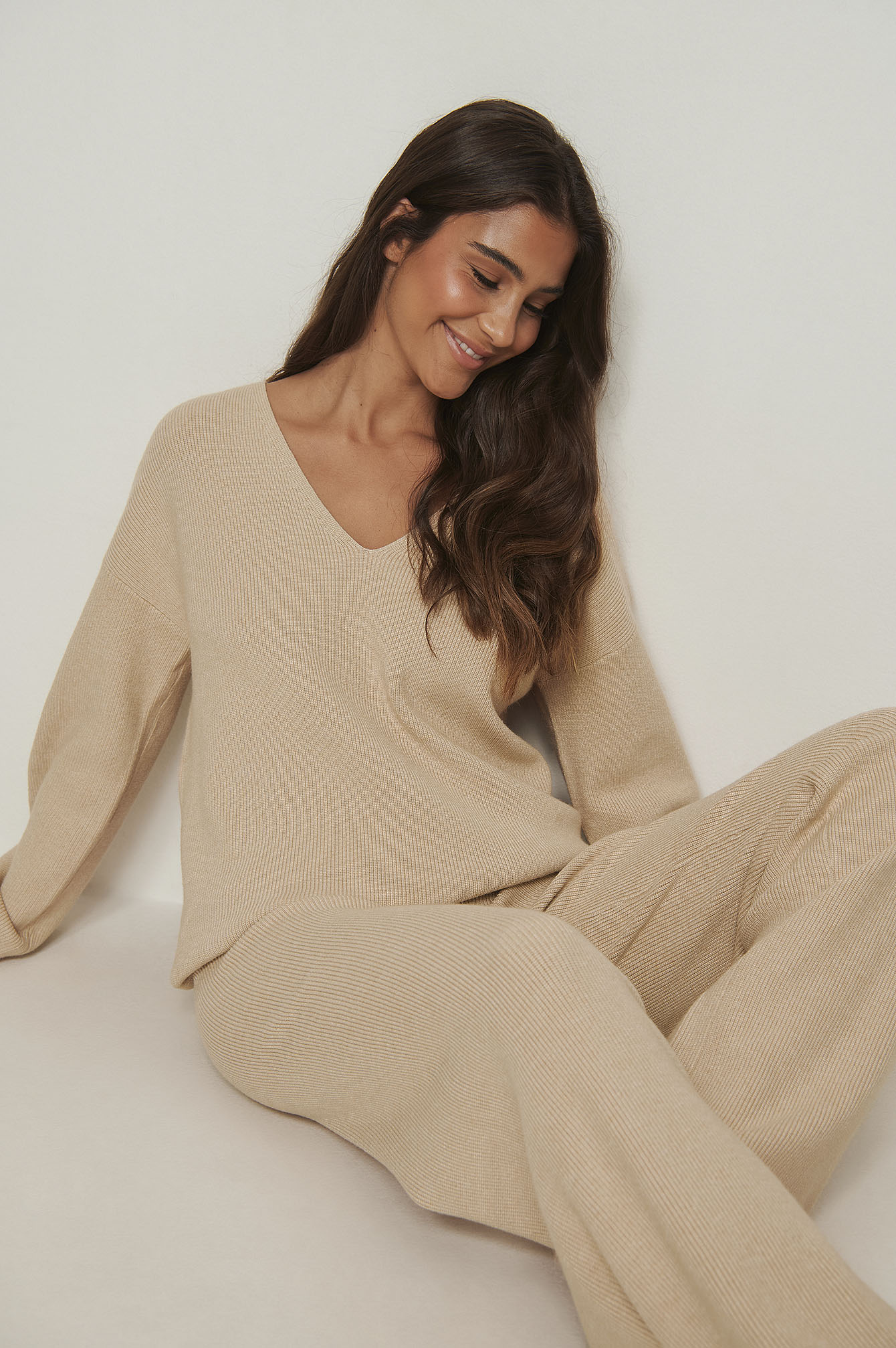 Beige Soft Ribbed Loose Fit Sweater