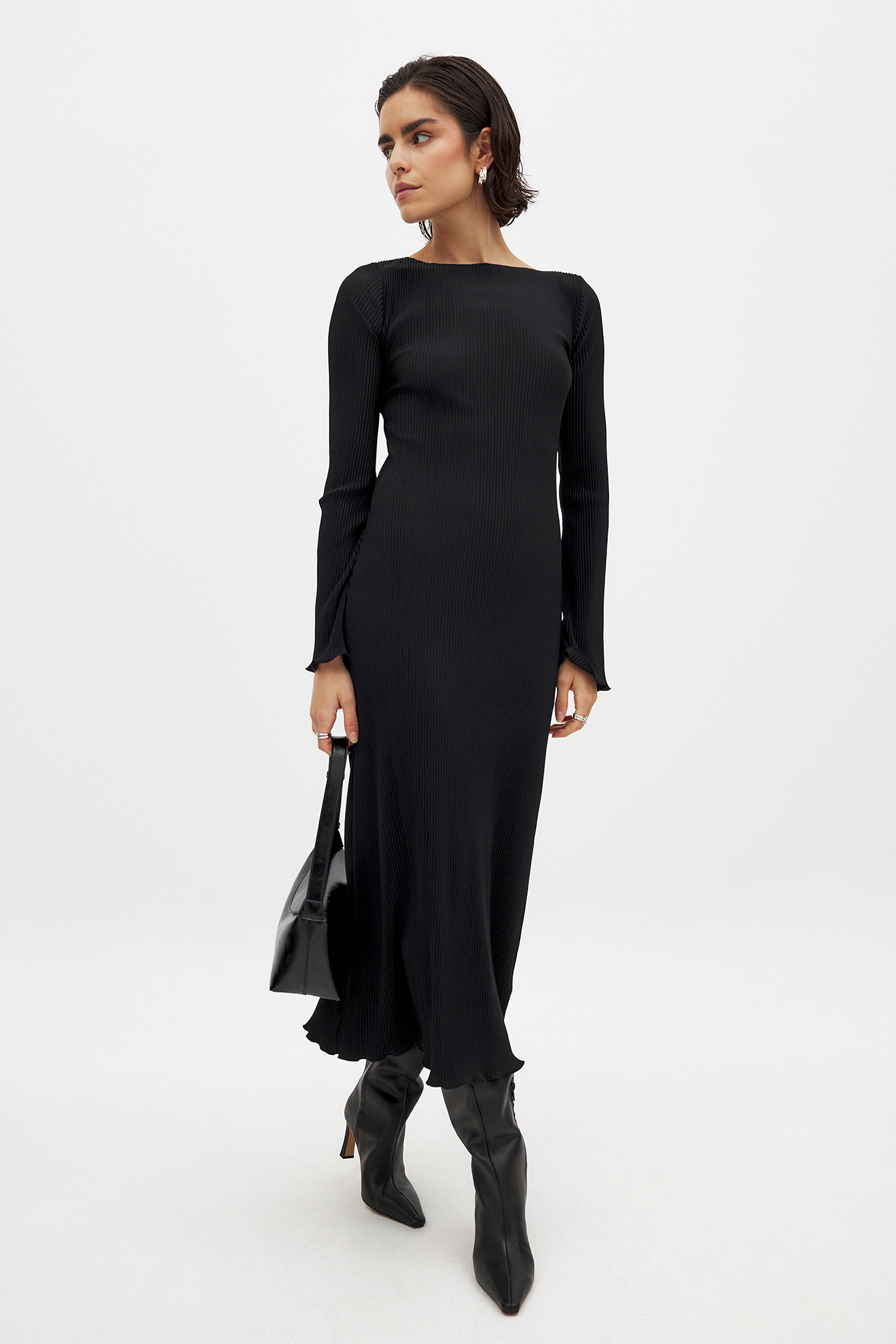 fine knitted trumpet sleeve midi dress Women Retro Zipper Neck Trumpet Sleeve Knit Dress Form-Fitting Knitted Midi Dress for Casual/Formal Dark Gray L