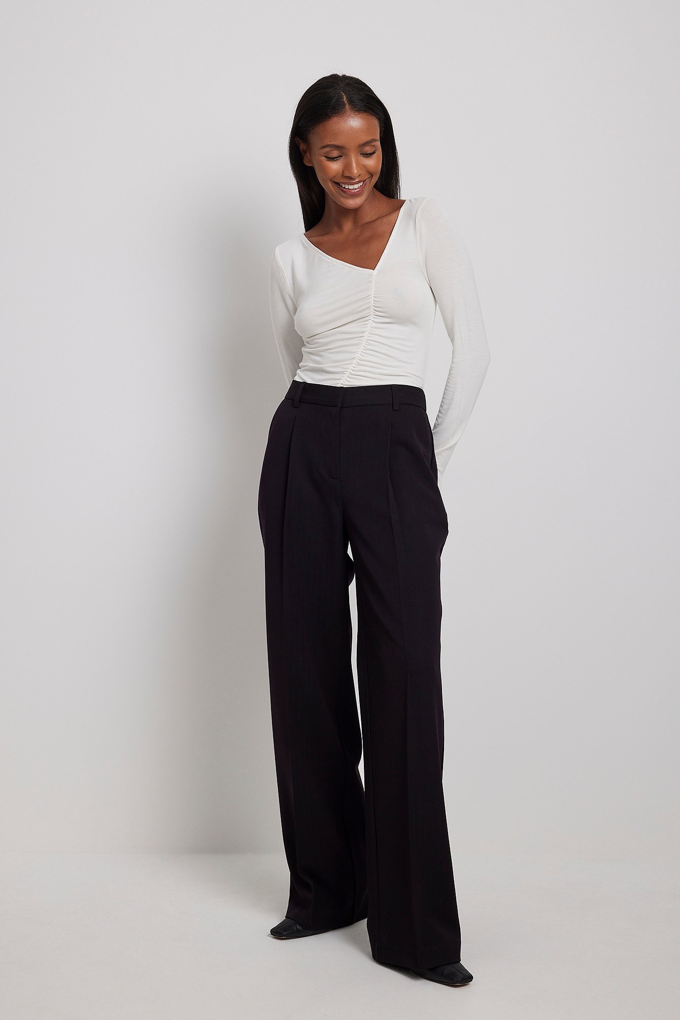 Washed Black Pleated Straight Fit Classic Trousers