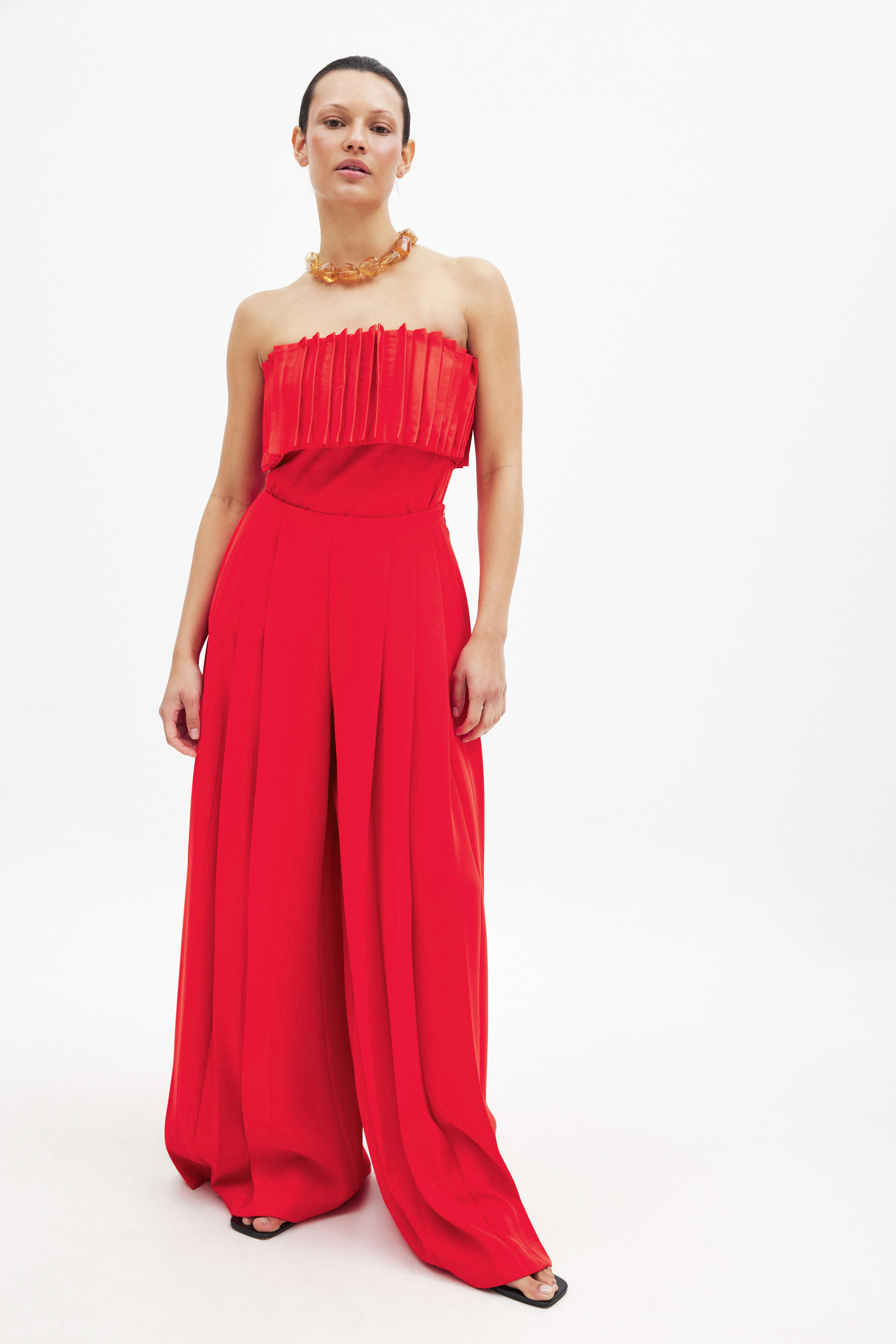 Color Pleats Bottom Wide Pants