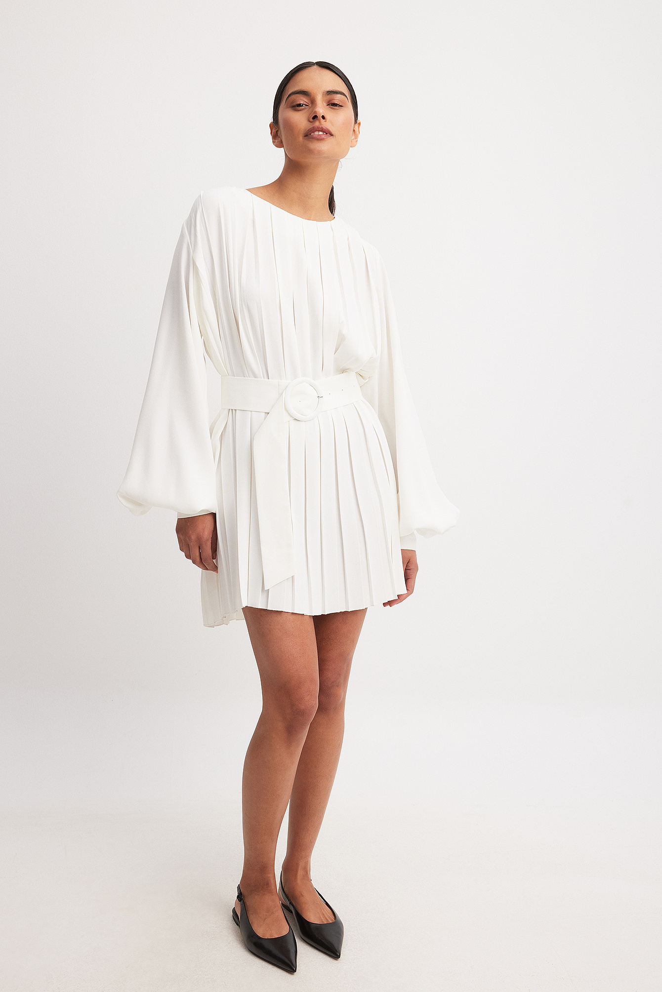 Pleated Woven Balloon Sleeve Mini Dress White | NA-KD Pleated Woven Balloon Sleeve Mini Dress White | NA-KD