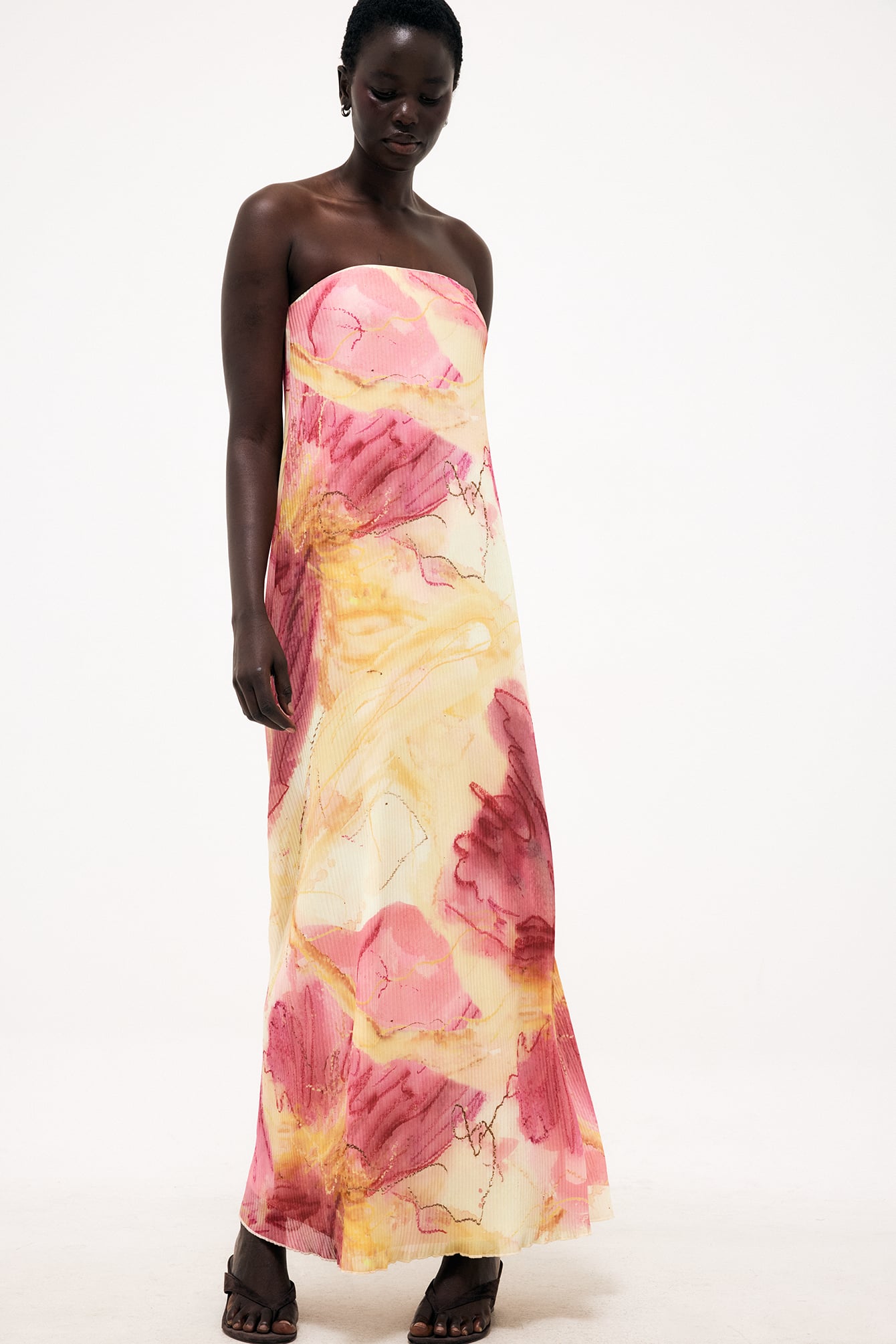 Pastel Blooms Plisse Maxi Tube Dress