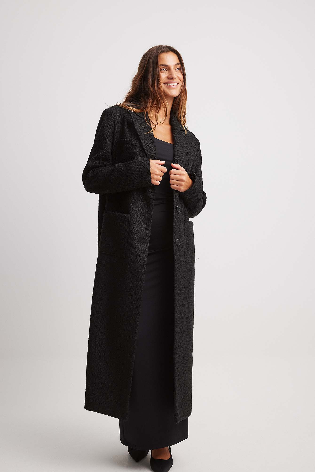 Pocket Detail Long Tweed Coat Black | NA-KD