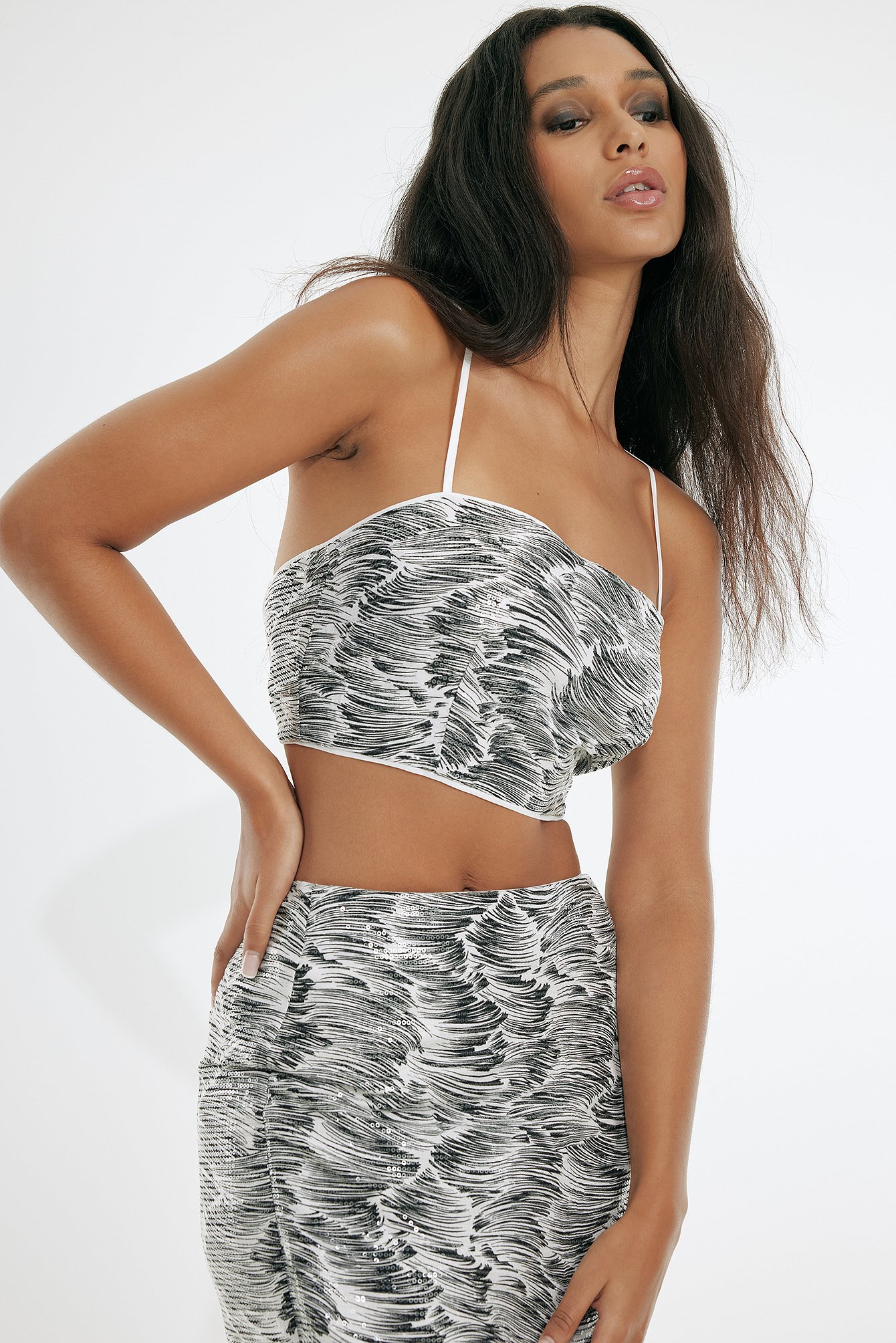 Printed Sequin Cropped Top