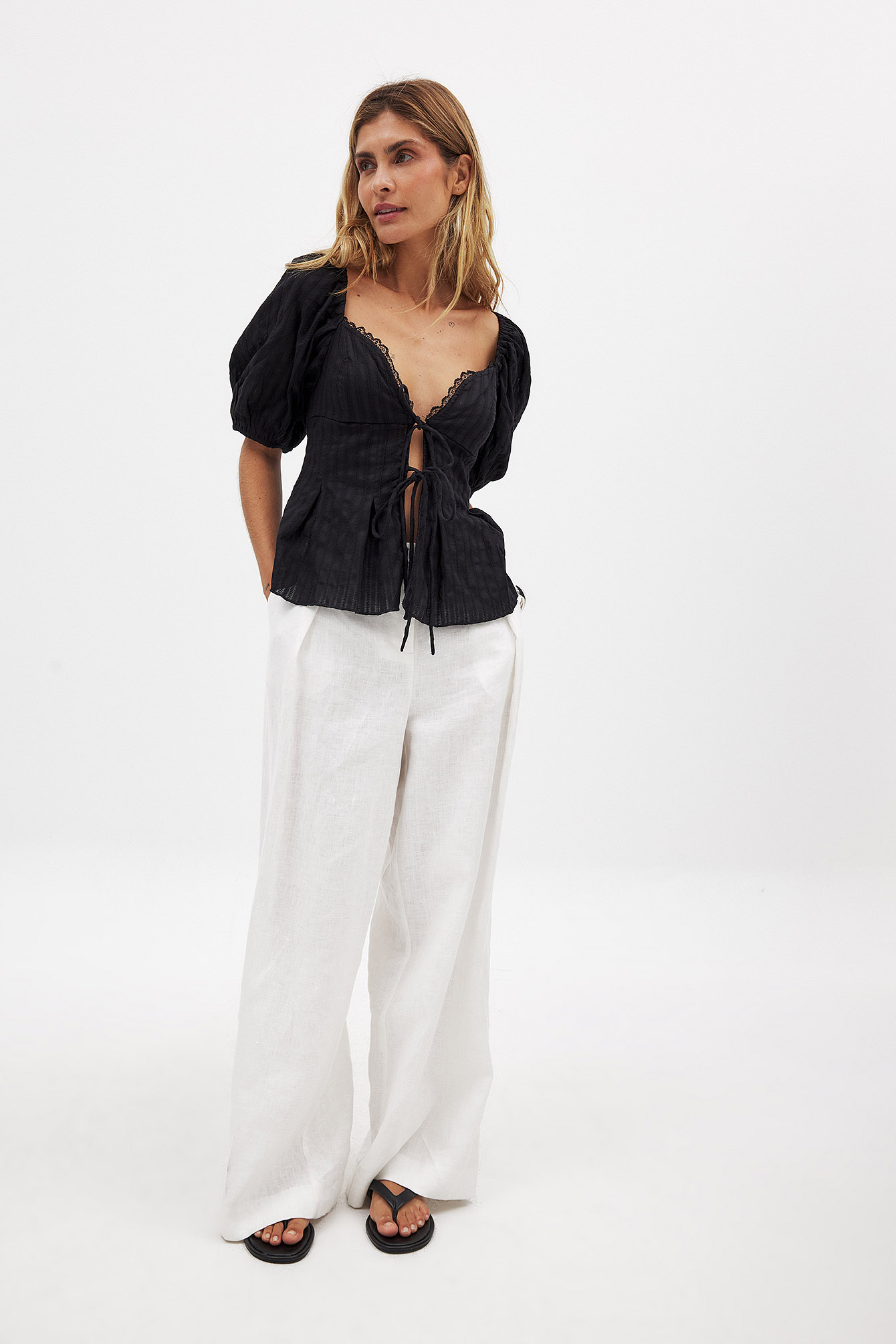 NA-KD Puff Shoulder Tie Front Corset Top - Puff Sleeve Tops - Black - EU 40 - NA-KD / NAKD