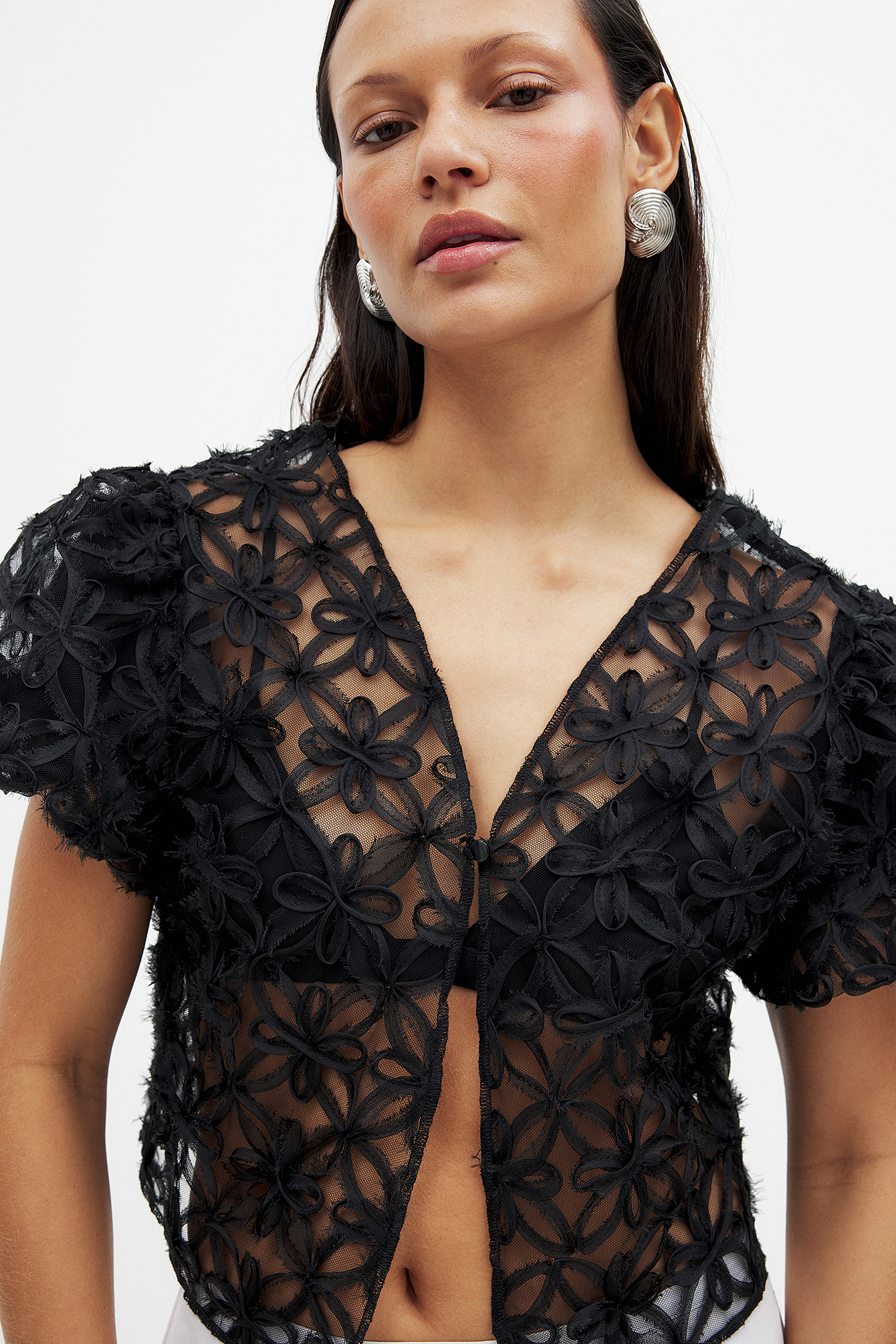 NA-KD Puff Sleeve Flower Chiffon Blouse - Blouses - Black - EU 32 - NA-KD / NAKD