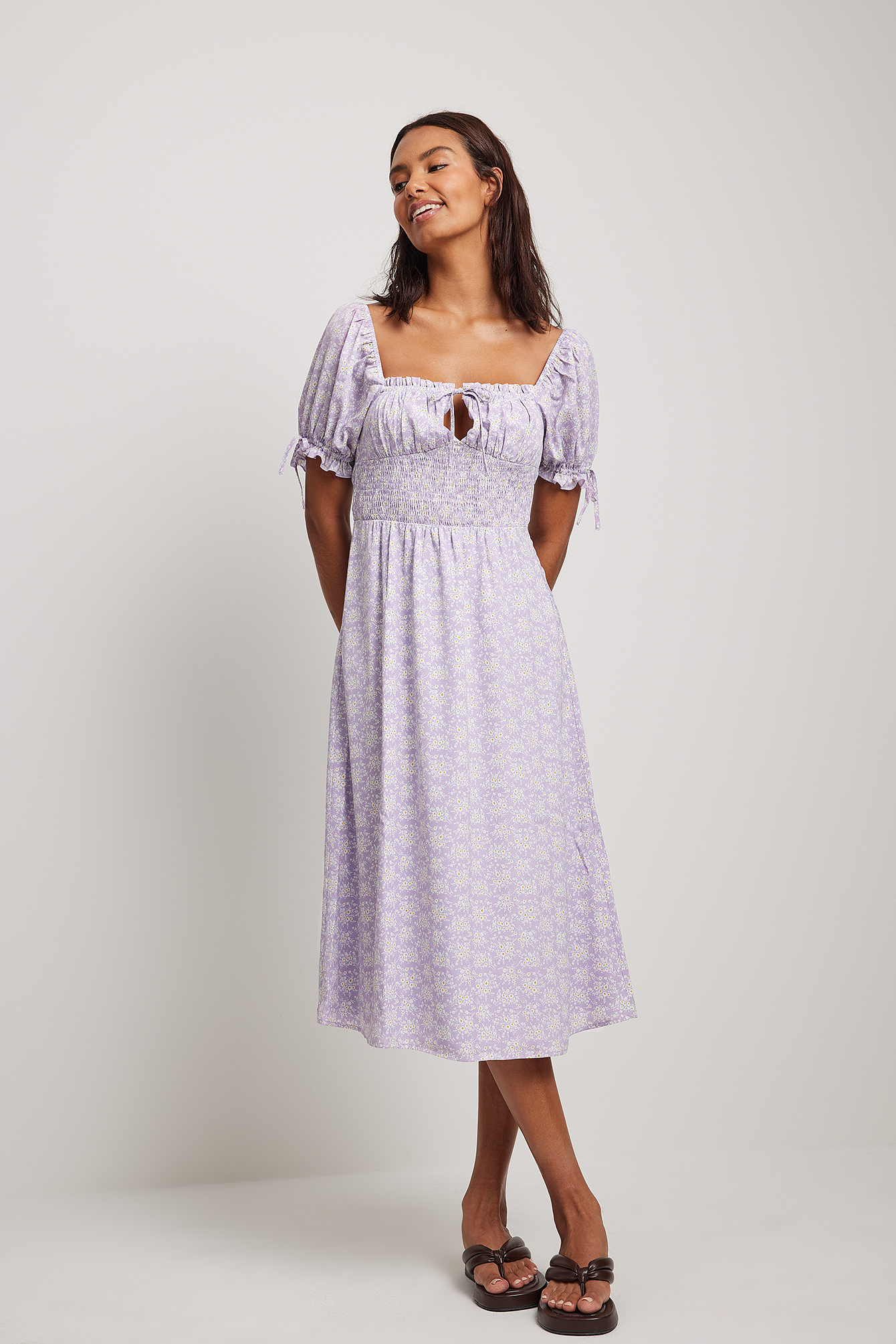 Puff Sleeve Tie Front Slit Midi Dress main image 1