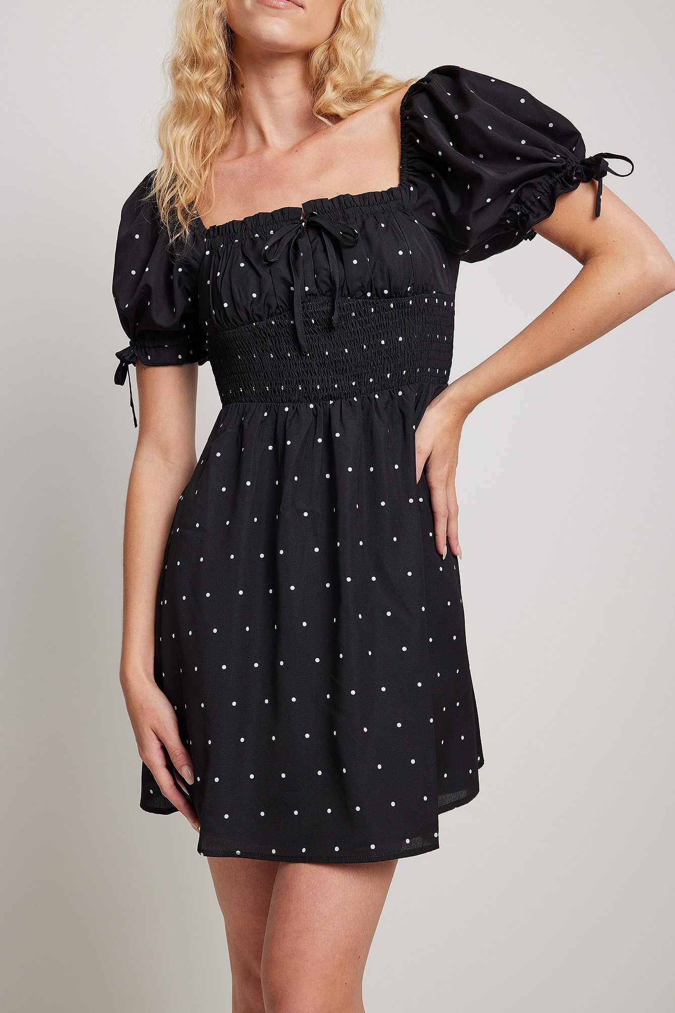 Black Dot Puff Tie Sleeve Mini Dress