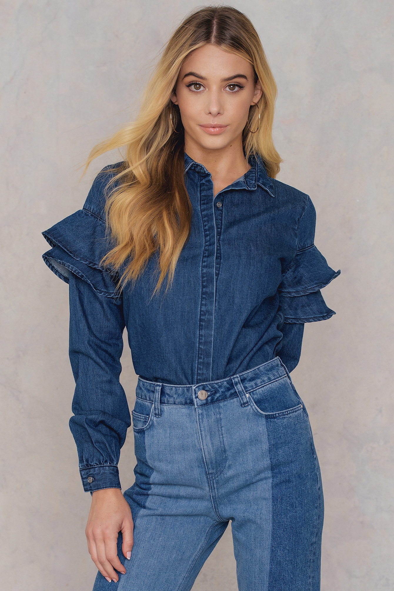Frill Sleeve Denim Shirt Blue | na-kd.com