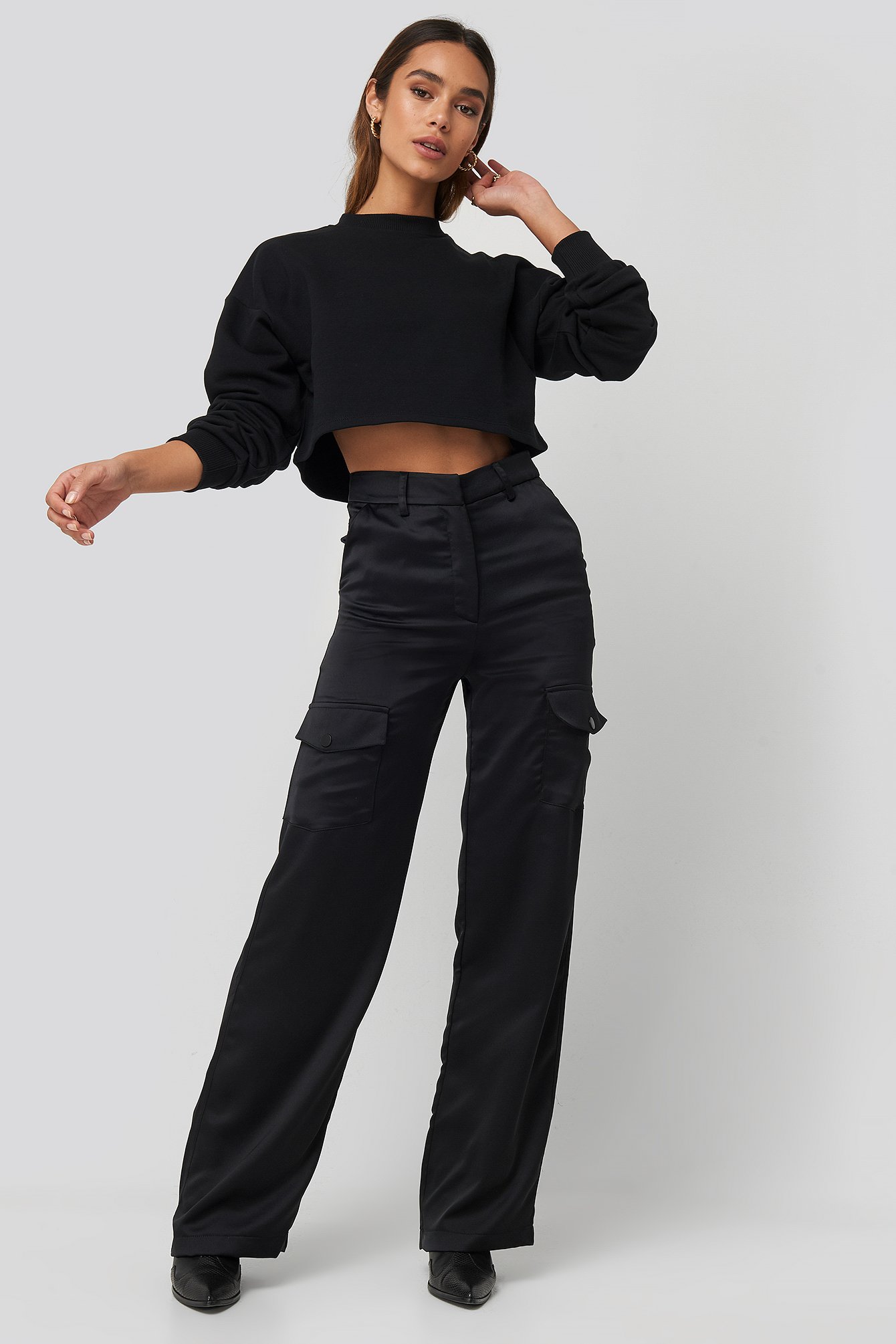 Queen Of Jetlags X Na-kd Satin Cargo Trousers - Black
