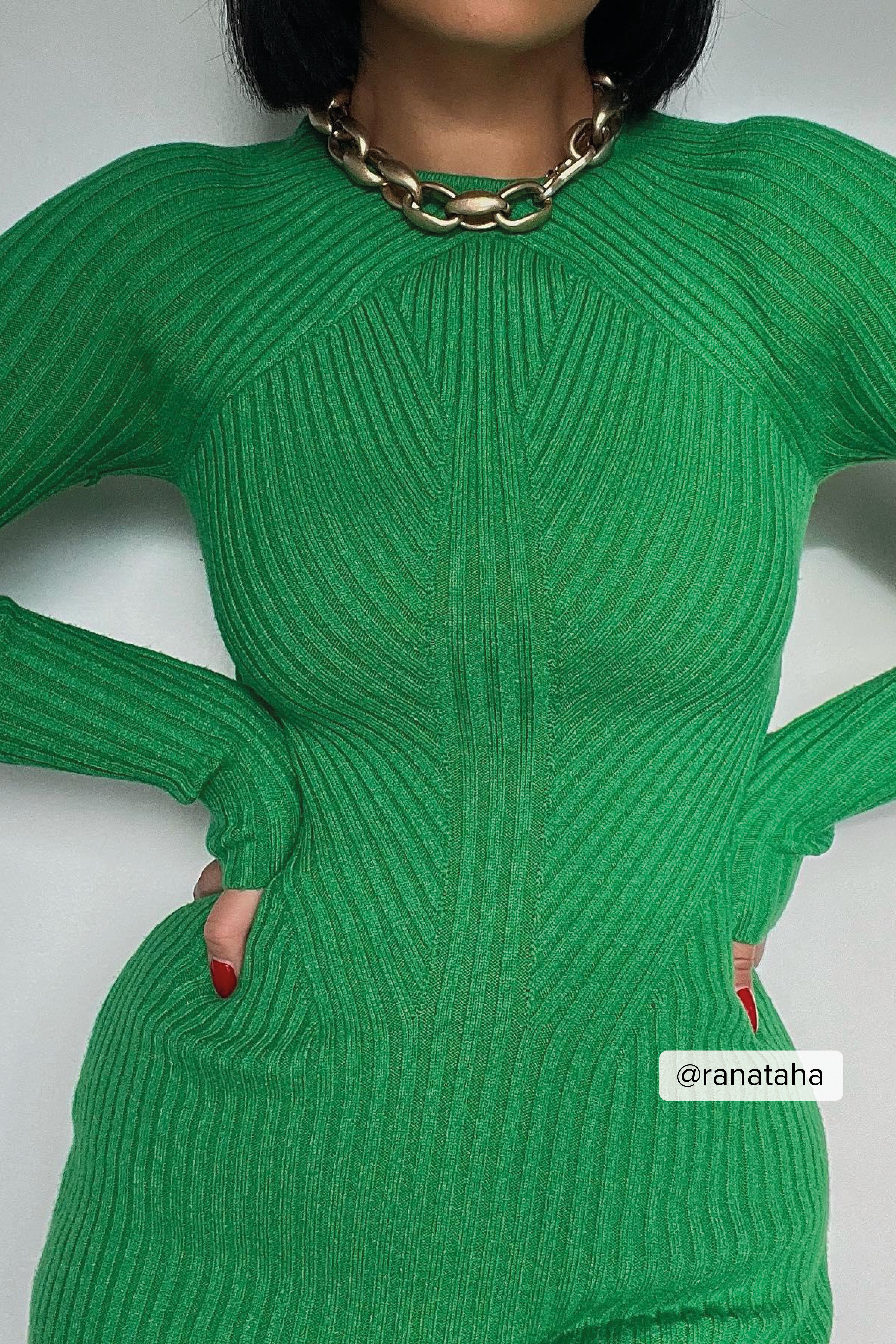 NA-KD Knit Detail Midi Dress - Green
