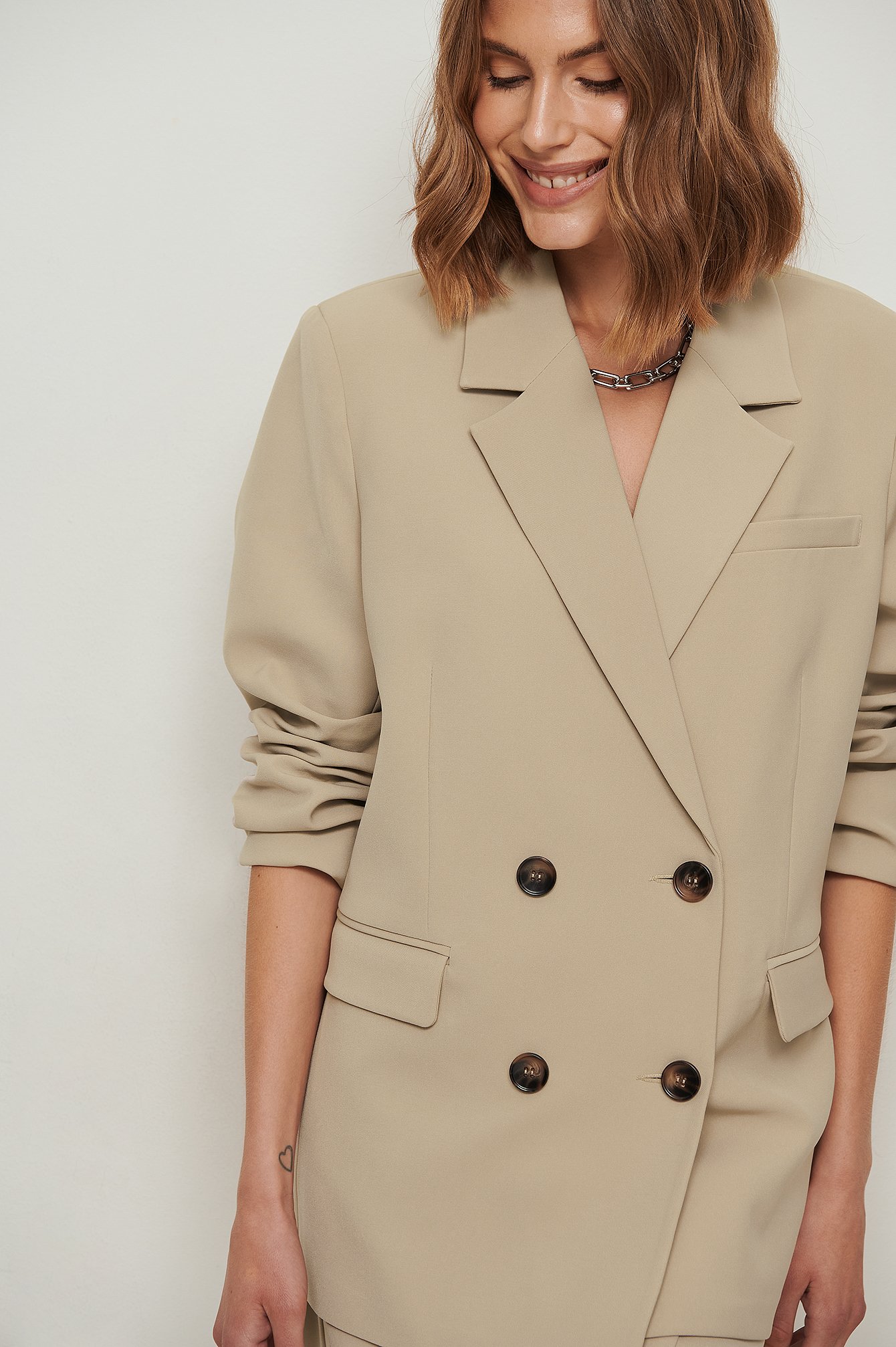 Small Zara 100% Linen Oversized Double Breasted Blazer in Sand Size S