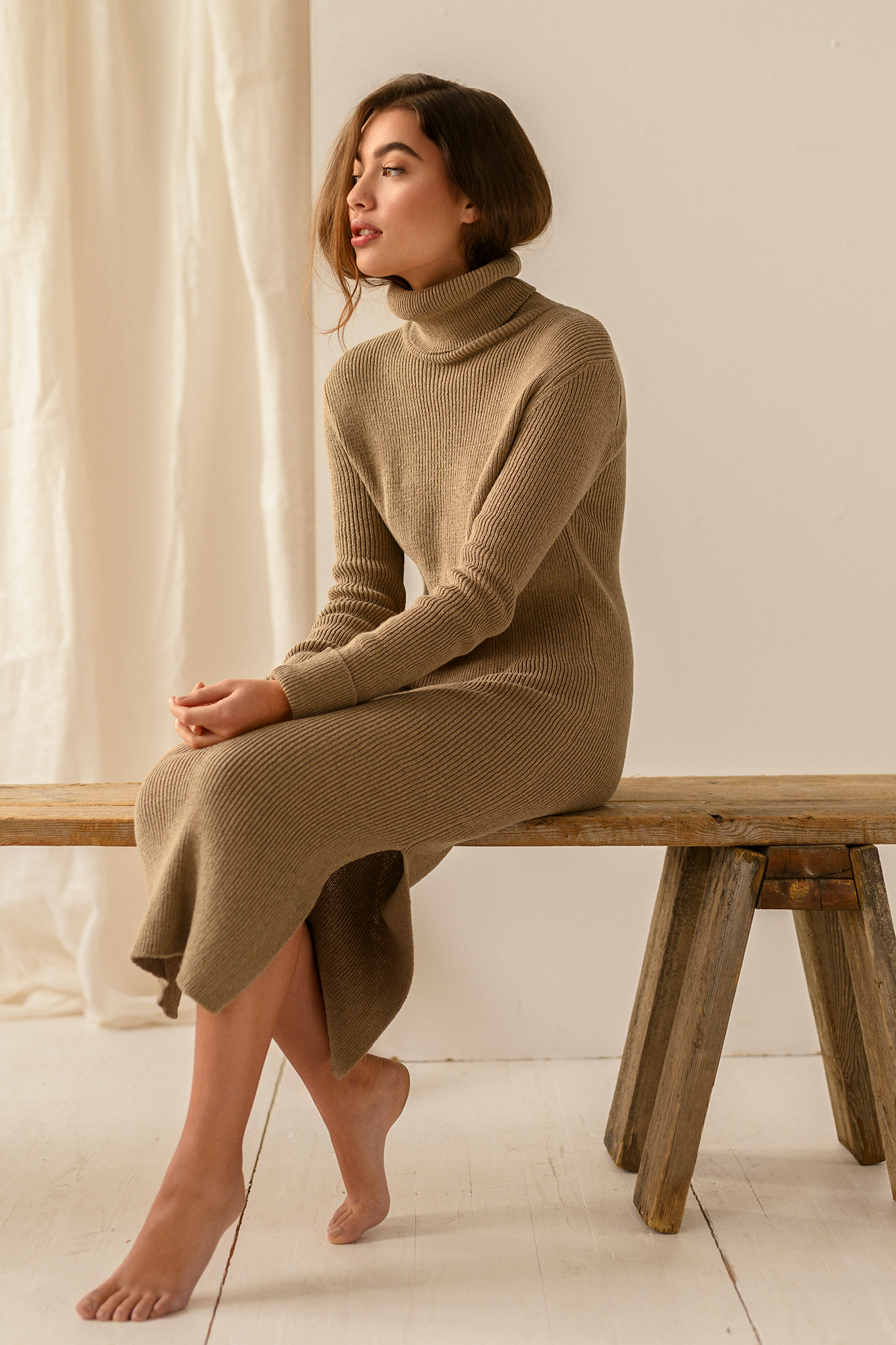 Recycled Turtle Neck Split Hem Sweater Dress Brown