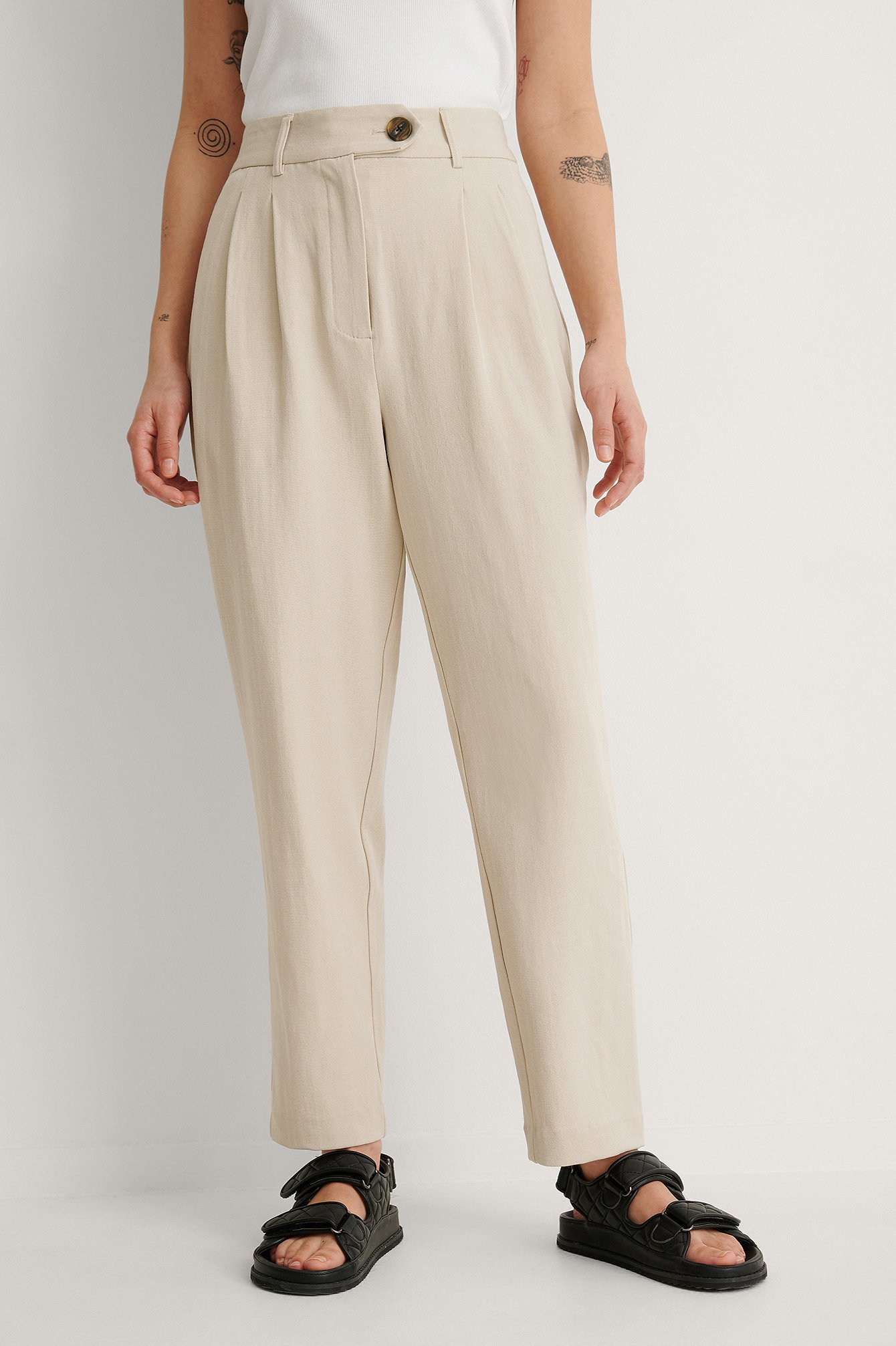 Warm Beige Recycled Cropped Cigarette Pants