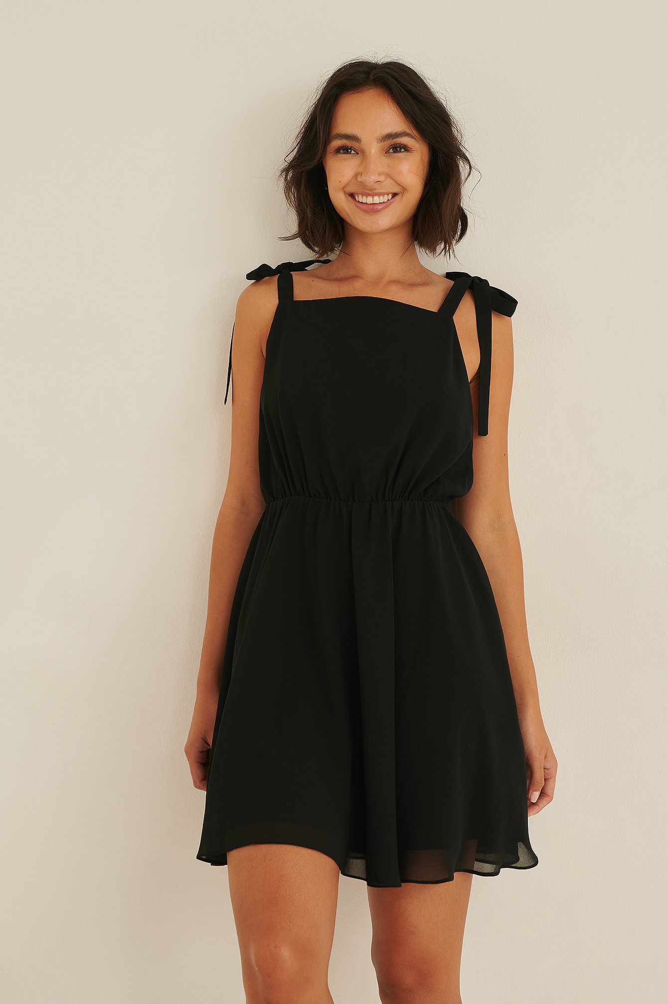 Black Recycled Open Back Tie Shoulders Mini Dress