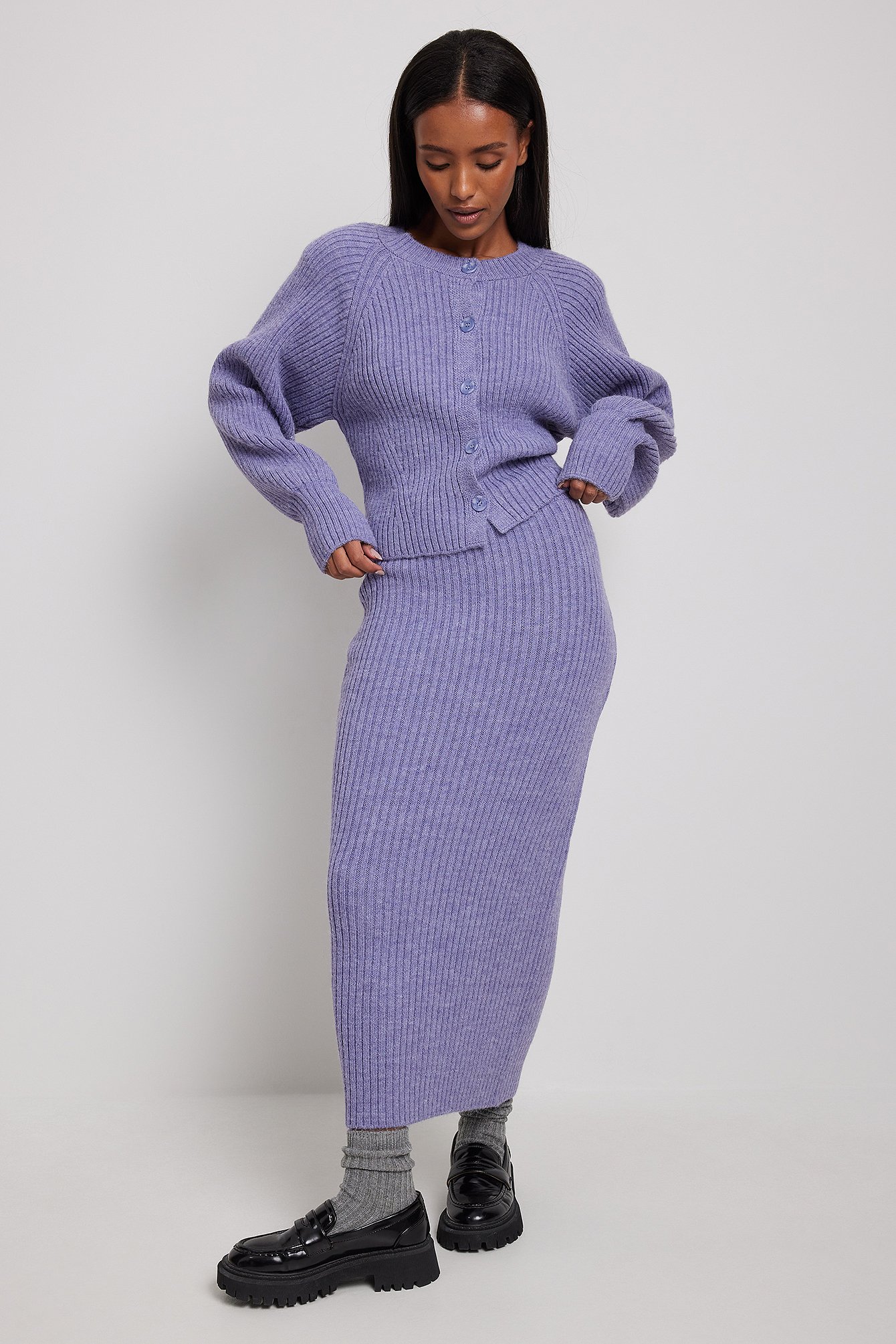 NA-KD Rib Knitted Midi Skirt - Purple