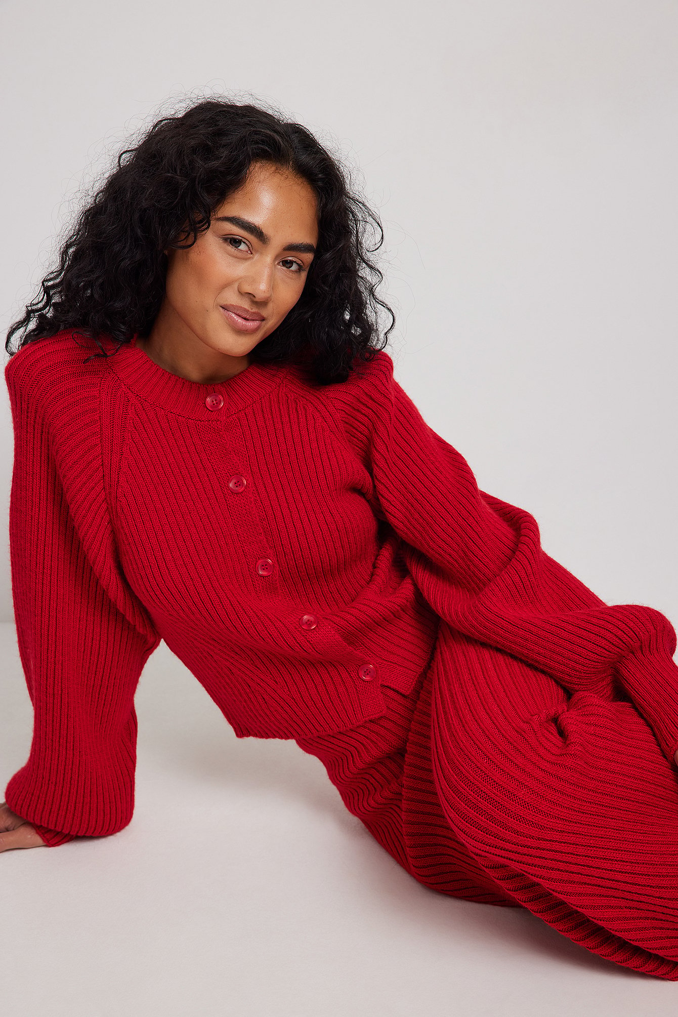 Red Rib Knitted Shoulder Pad Cardigan