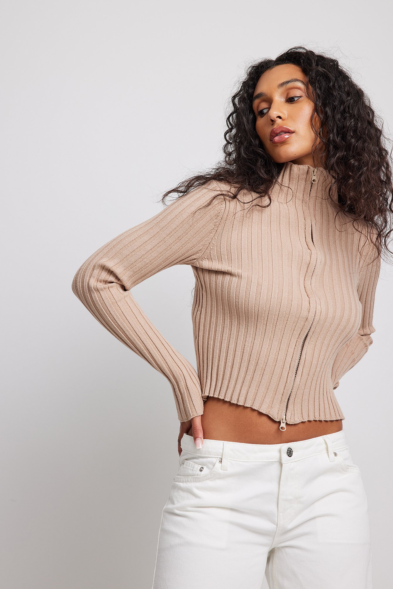 Beige Ribbed High Neck Zipped Knitted Sweater