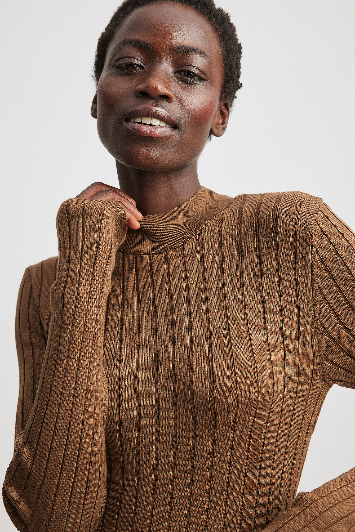 Ribbed High Neck Knitted Sweater Brown NA KD ribbed-high-neck-knitted-sweater-brown-na-kd