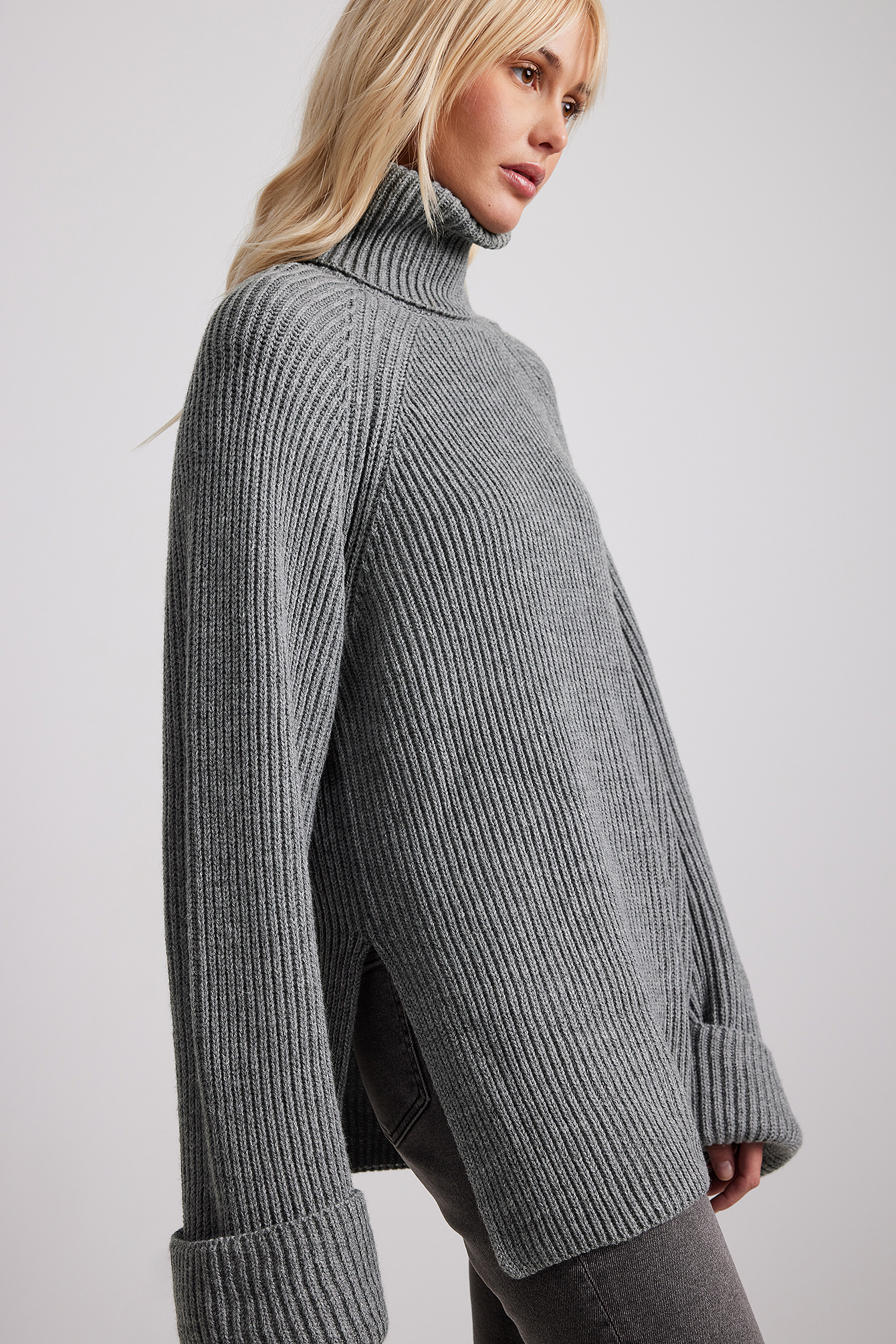Ribbed Knitted High Neck Sweater Grey