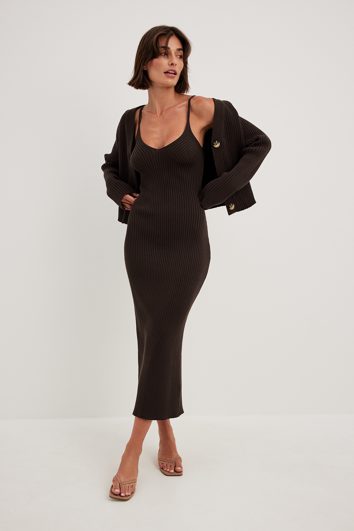 Ribbed Knitted Midi Slip Dress Brown NAKD