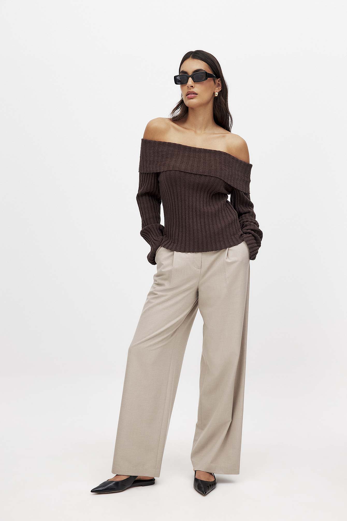 NA-KD Ribbed Knitted Offshoulder Sweater - Sweaters - Brown - Large (EU 42-44) - NA-KD / NAKD