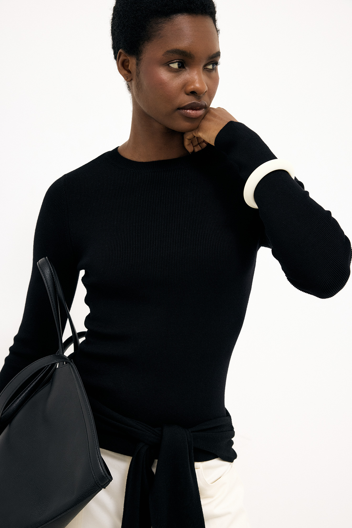Ribbed Knitted Round Neck Top - Long Sleeve Tops - Black - XS - NA-KD / NAKD