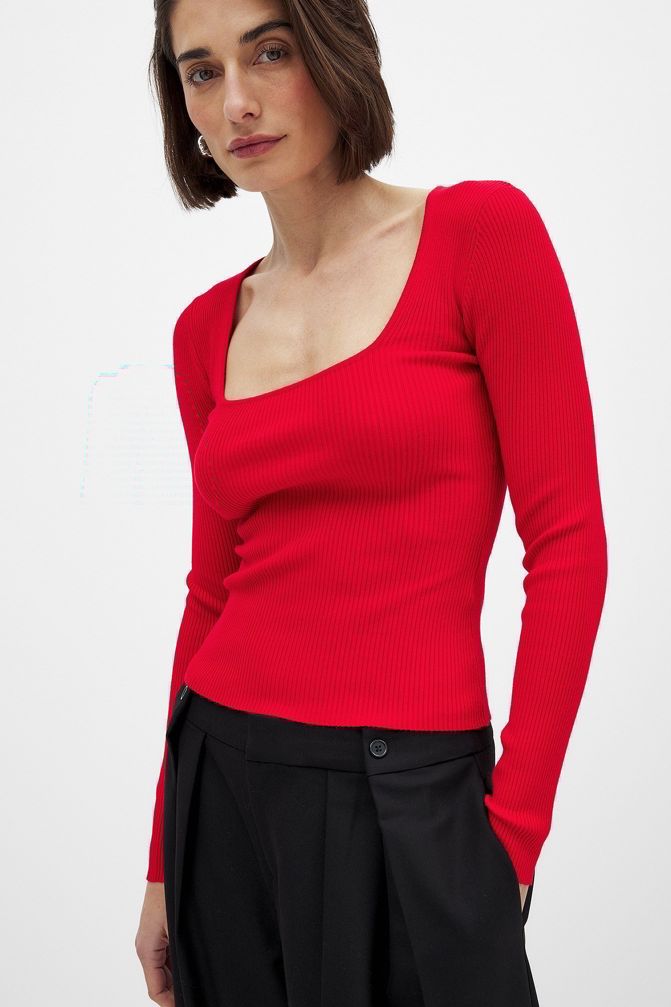 NA-KD Ribbed Knitted Square Neck Top - Knitted Tops - Red - XS (EU 32) - NA-KD / NAKD