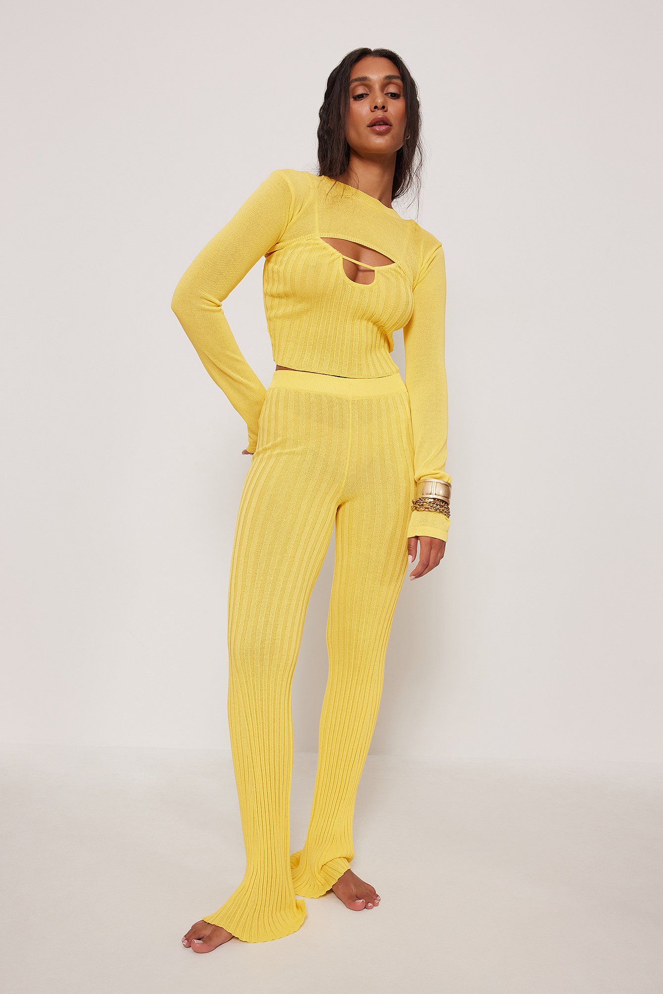 Yellow Ribbed Long Trousers