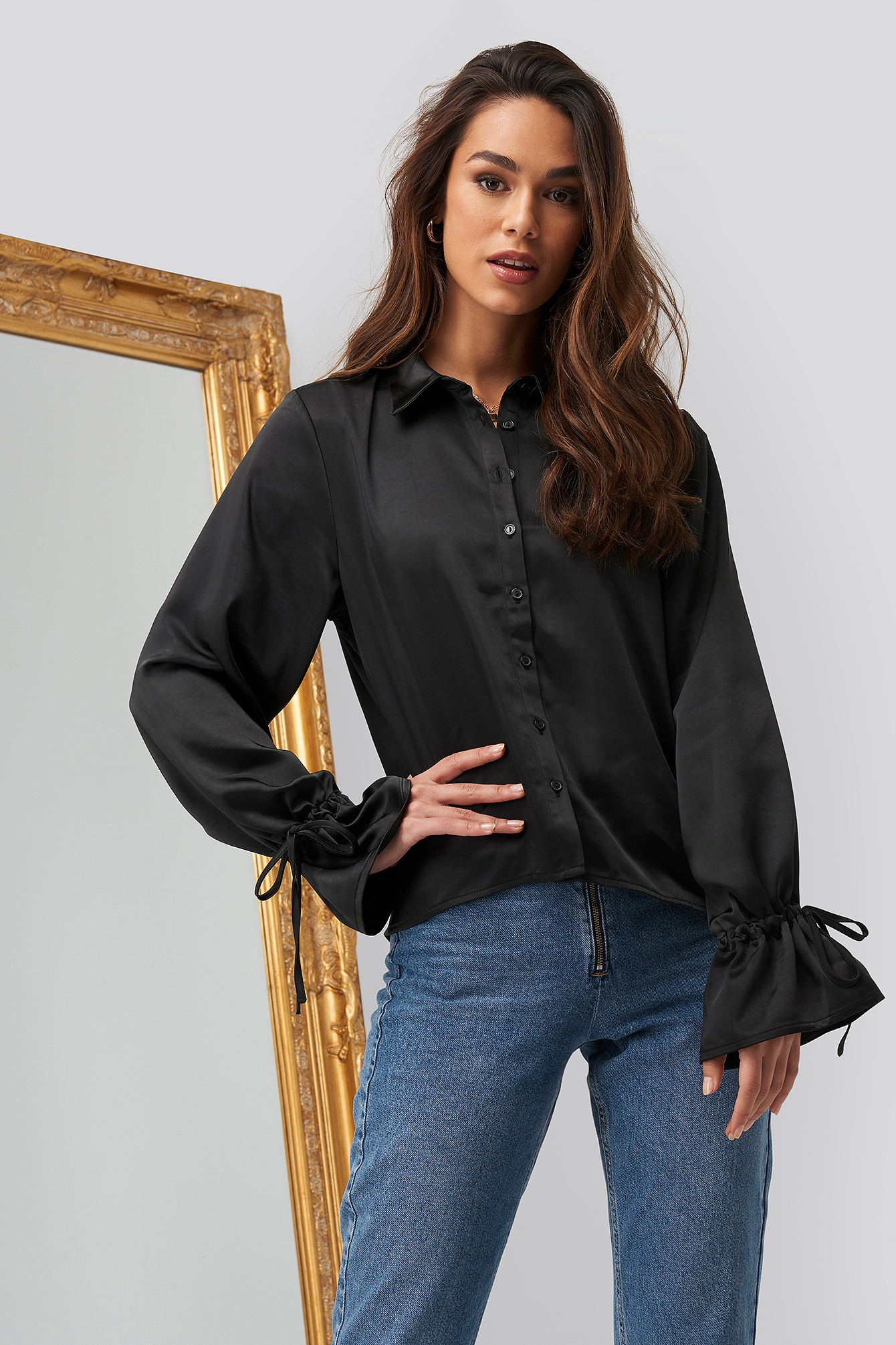 Sleeve Detail Satin Blouse Black