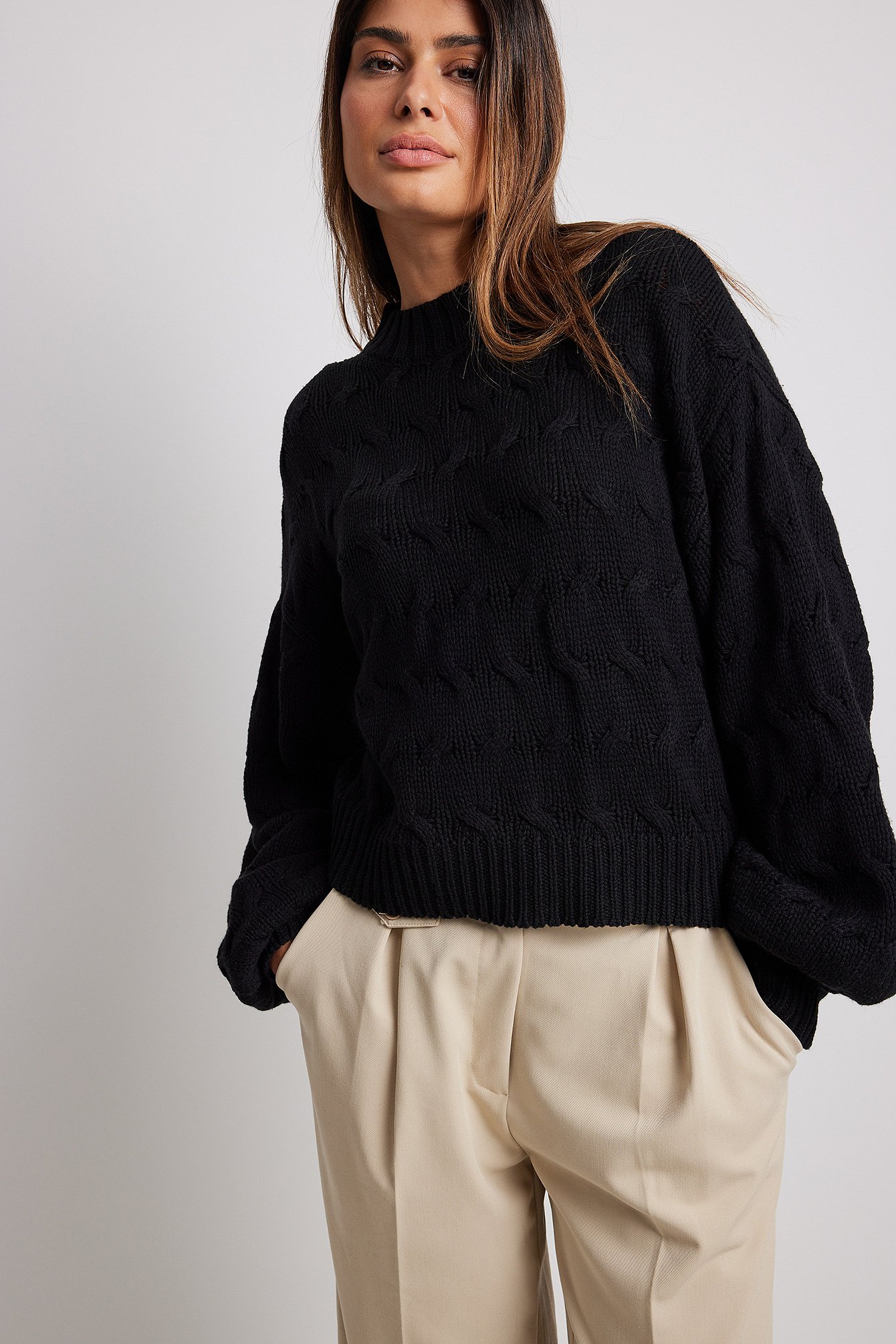 Black Round Neck Oversized Knitted Detail Sweater