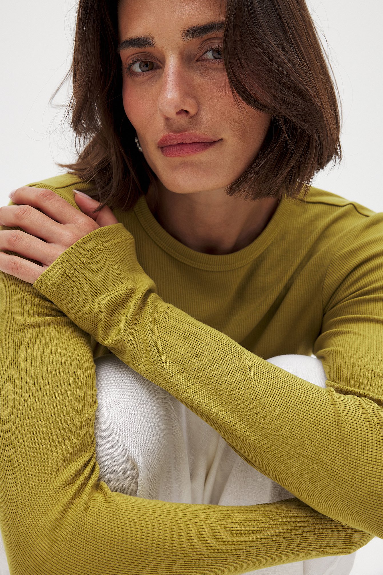 NA-KD Round Neck Rib Long Sleeve Top - Basic Tops - Green - XS (EU 32) - NA-KD / NAKD