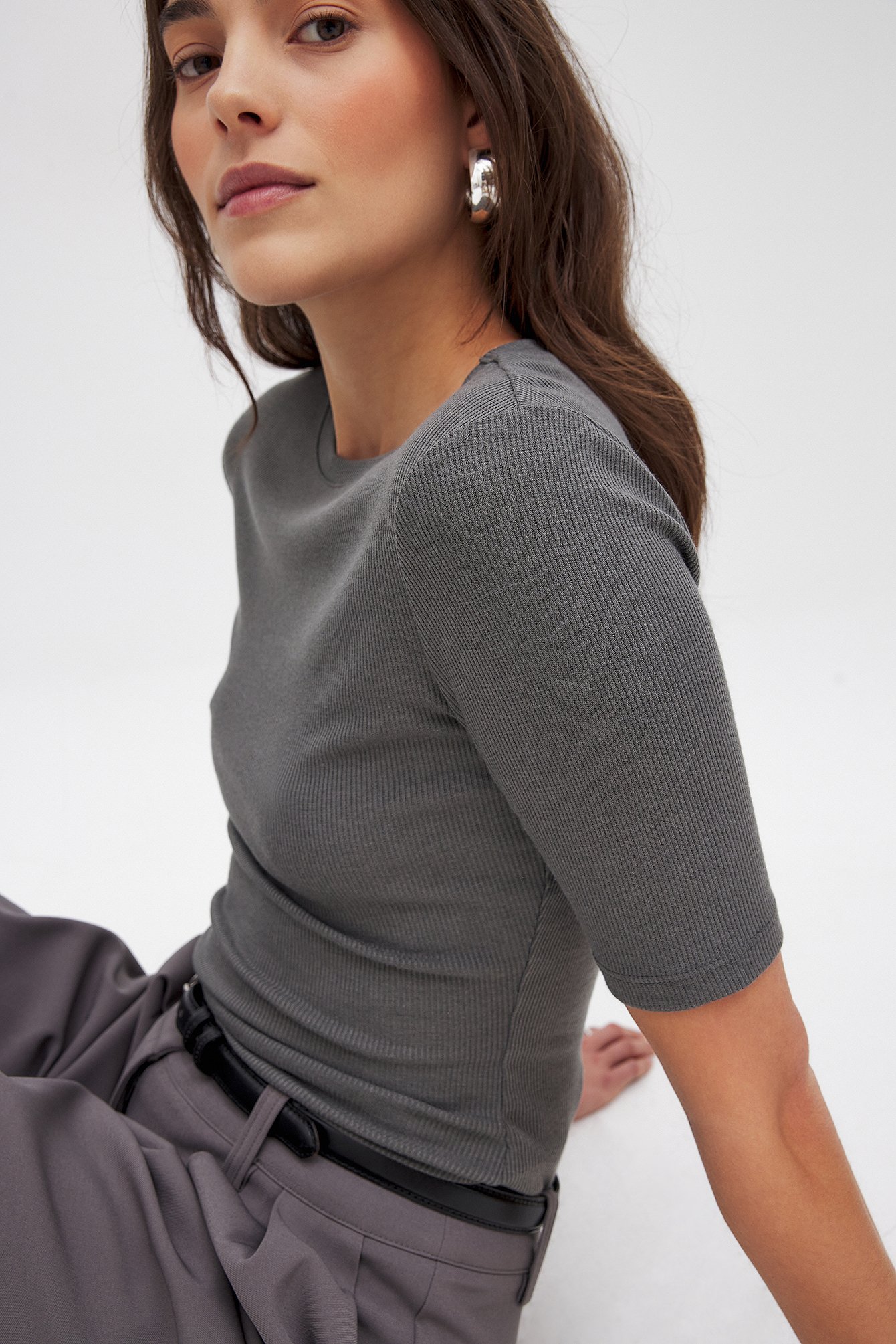 NA-KD Round Neck Ribbed Top - Basic Tops - Grey - XS (EU 32) - NA-KD / NAKD