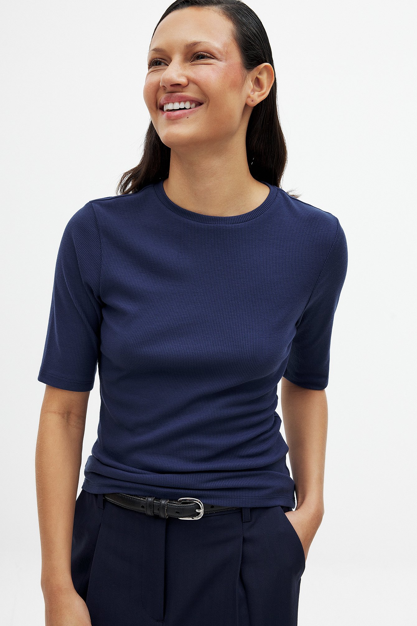 NA-KD Ribbstickad topp med rund halsringning - T-shirts - Navy - XS (EU 32) - NA-KD / NAKD