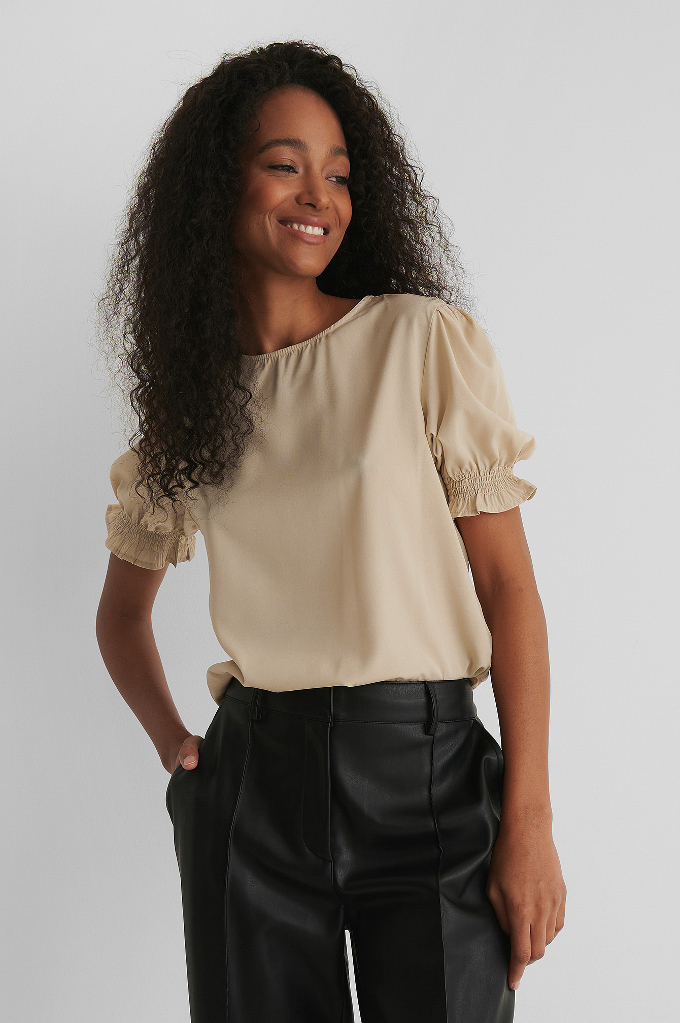 Women's Beige Round Neck Cuffed Sleeves Top