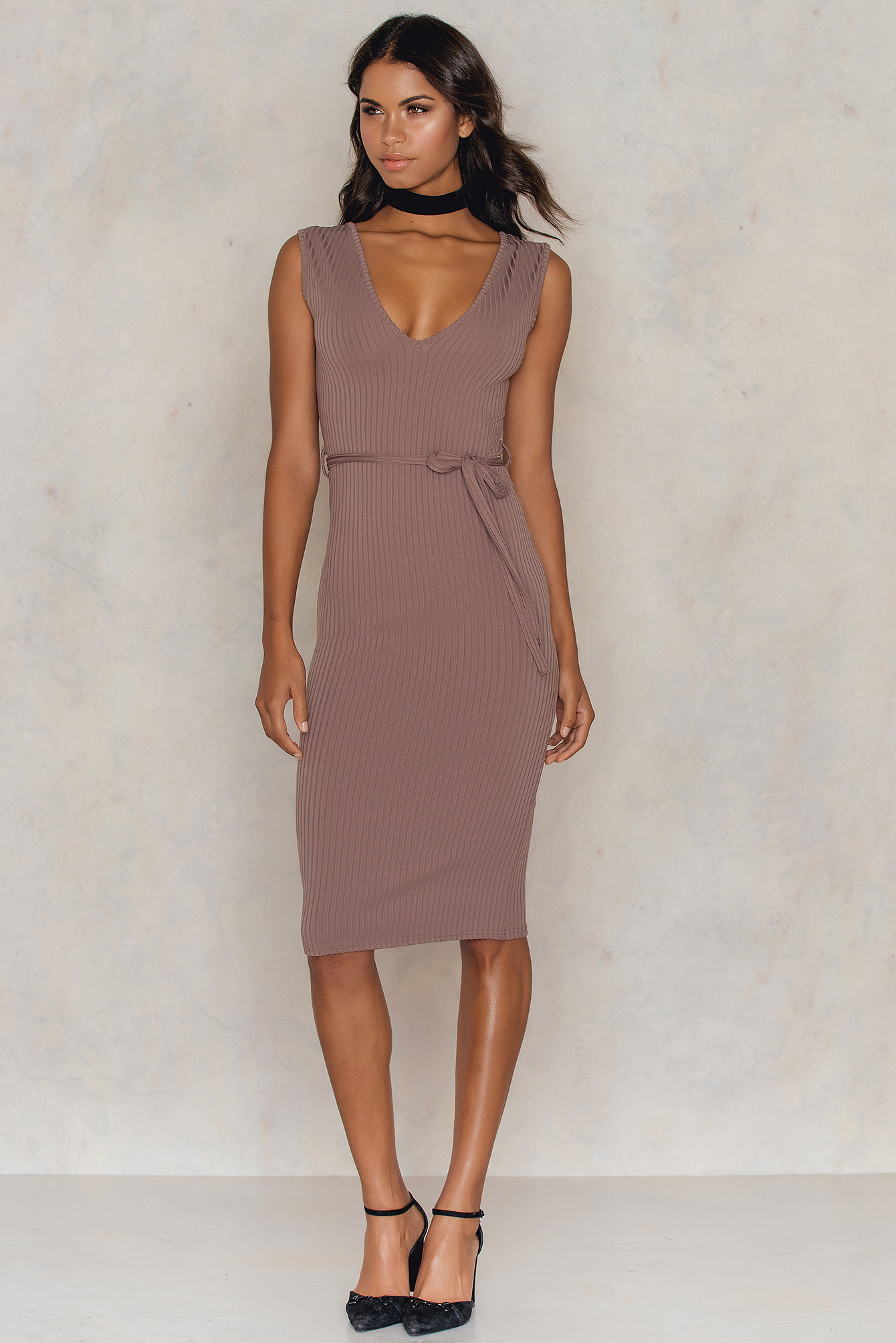 Total Knockout Ribbed Bodycon Dress Brown