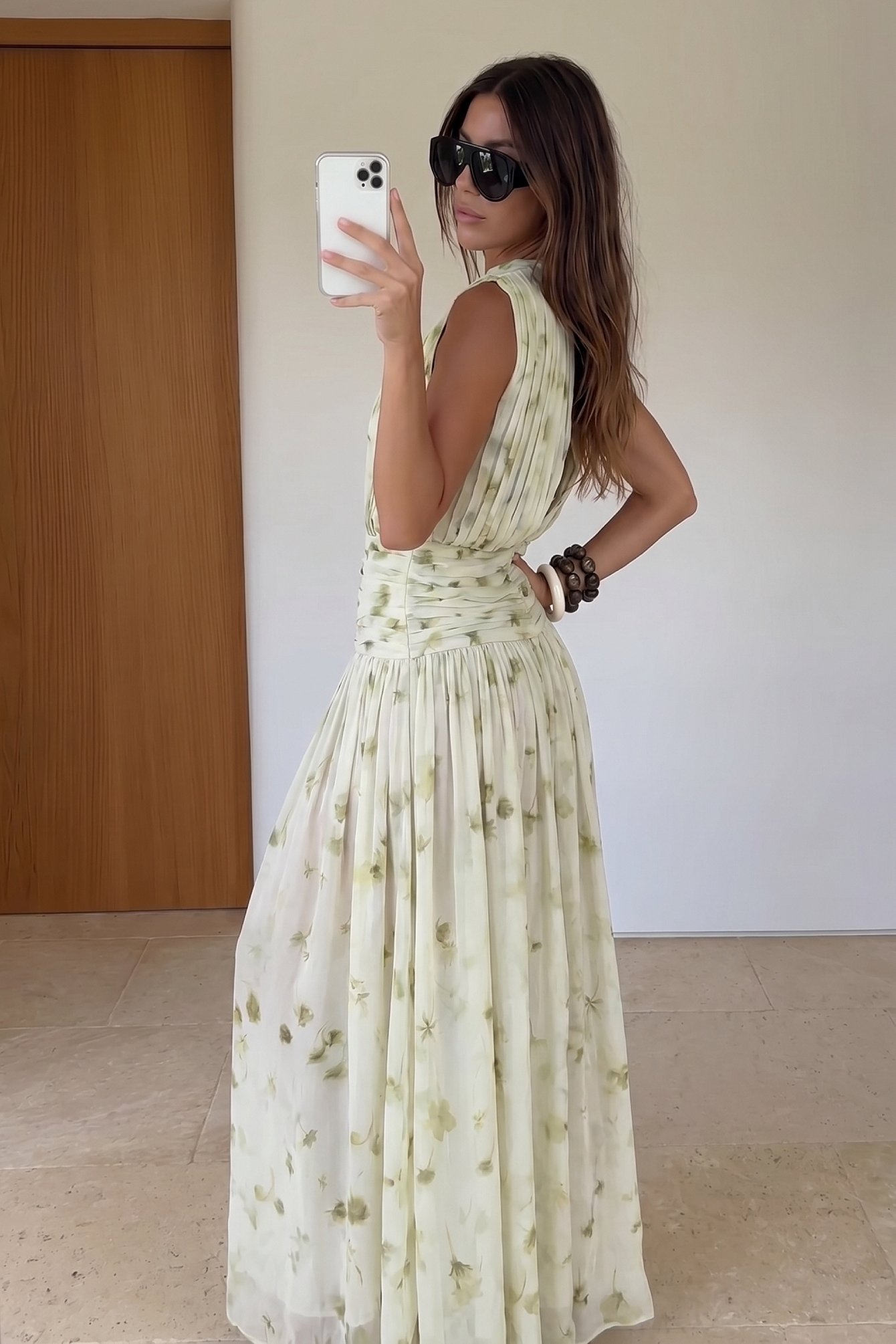 All Over Print Ruched Smock Maxi Dress