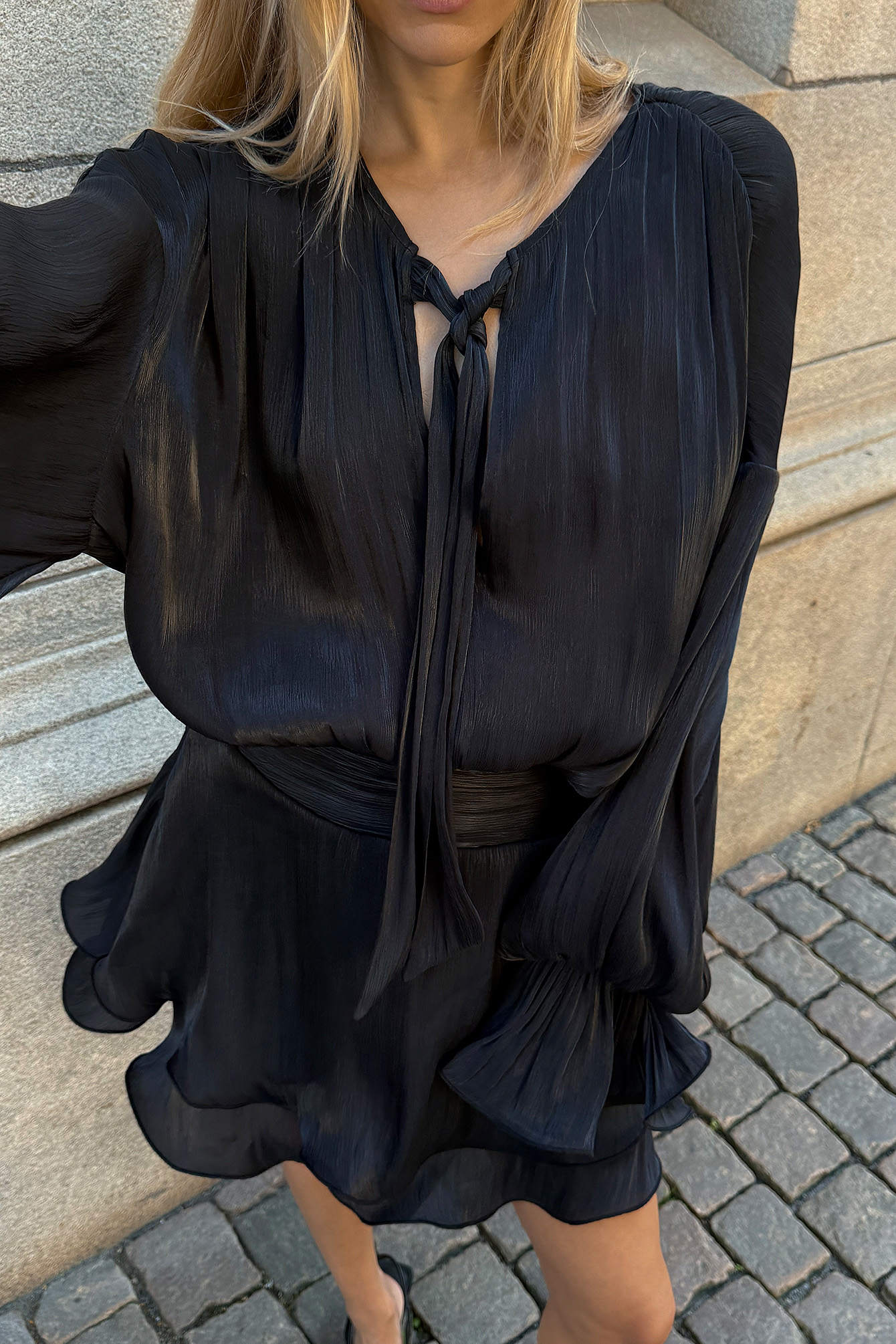 Ruched Waist Ruffle Mini Dress - Ruffle Dresses - Black - EU 32 Ruched Waist Ruffle Mini Dress - Ruffle Dresses - Black - EU 32