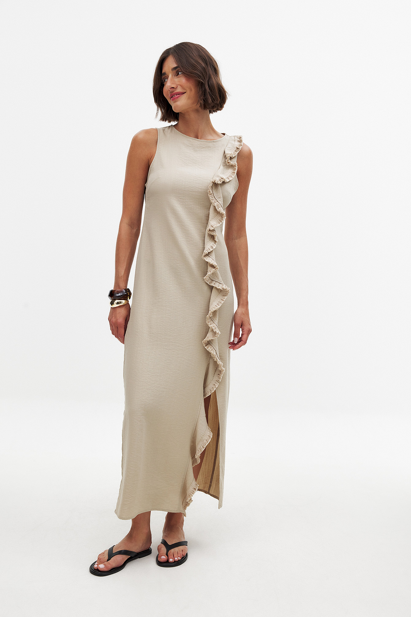 Cecilie Haugaard x NA-KD Ruffle Detail Fringe Midi Dress - Summer Dresses - Beige - EU 38 - NA-KD / NAKD