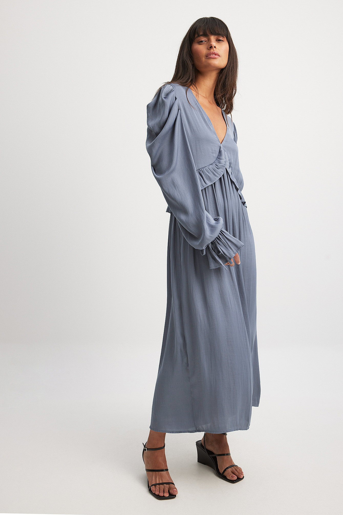 Ruffle Detail Tie Sleeve Midi Dress Blue | NA-KD Ruffle Detail Tie Sleeve Midi Dress Blue | NA-KD
