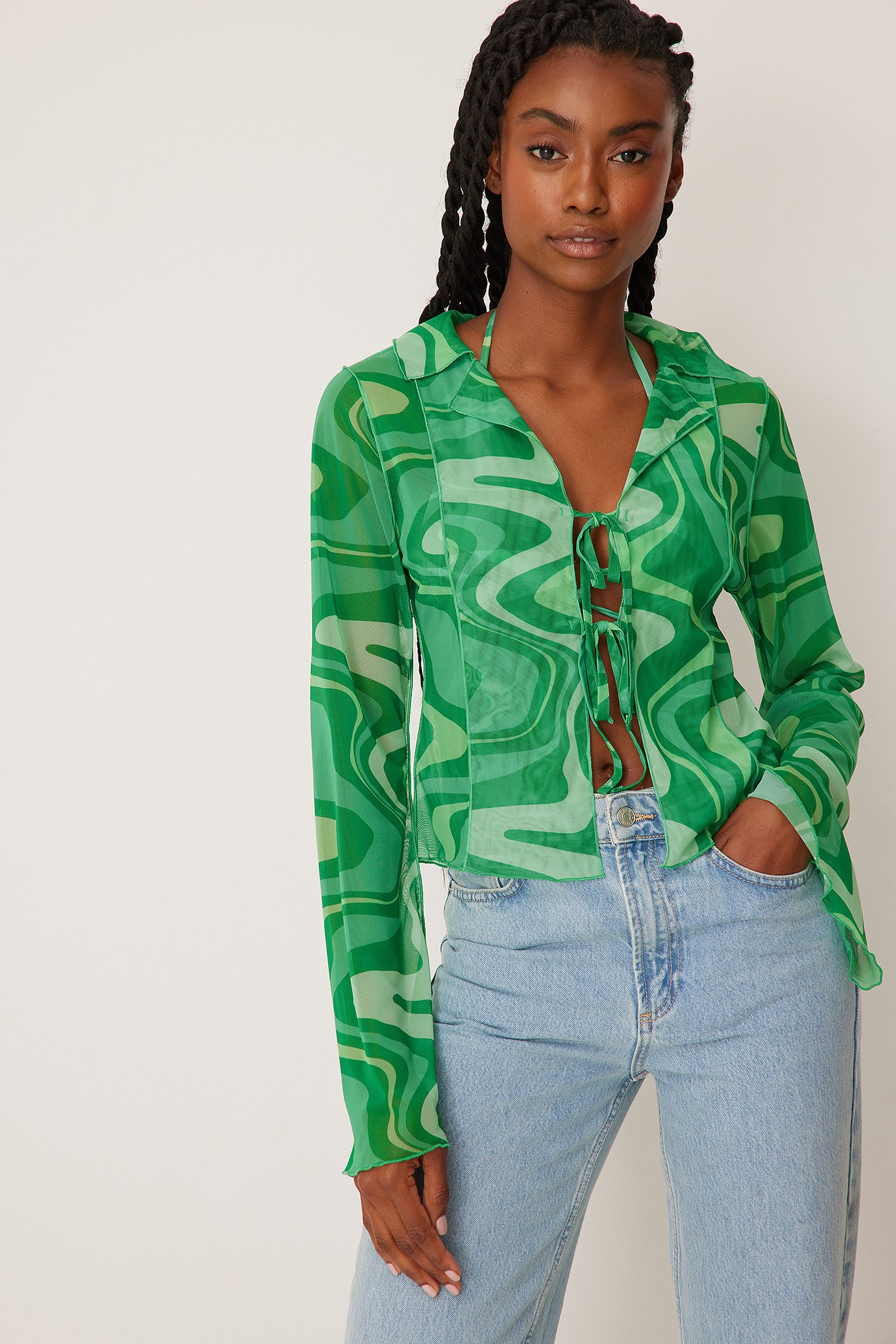 Green Print Bluse med rysjer