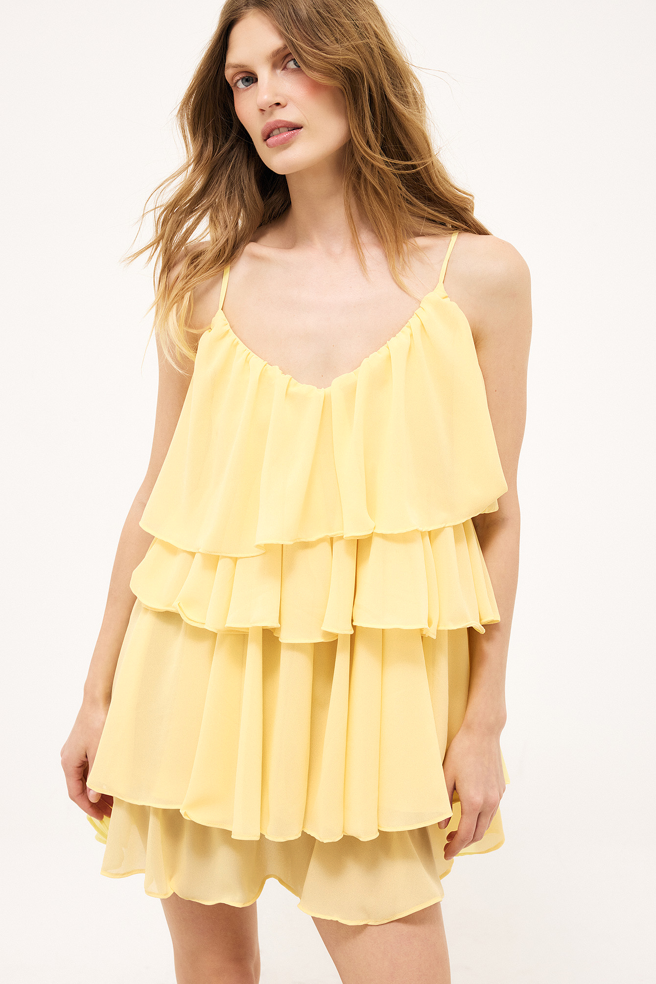 Ruffle Plisse Strap Mini Dress - Ruffle Dresses - Yellow - EU 32 - NA-KD / NAKD